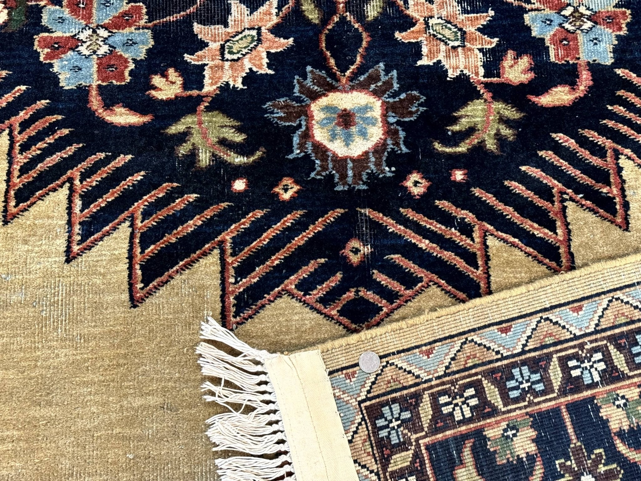 Indo Persian Heriz Rug 8x12, Camel Hair Tan and Navy Blue, Decorative - Jewel RugsShopify CollectiveHUNTEDFOX - Indo Persian Heriz Rug 8x12, Camel Hair Tan and Navy Blue, Decorative