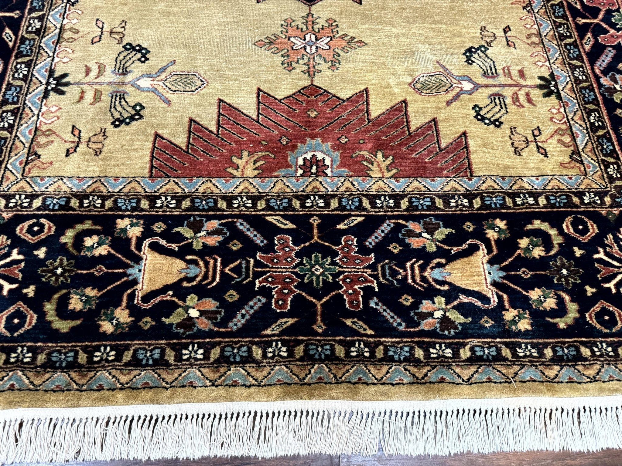 Indo Persian Heriz Rug 8x12, Camel Hair Tan and Navy Blue, Decorative - Jewel RugsShopify CollectiveHUNTEDFOX - Indo Persian Heriz Rug 8x12, Camel Hair Tan and Navy Blue, Decorative