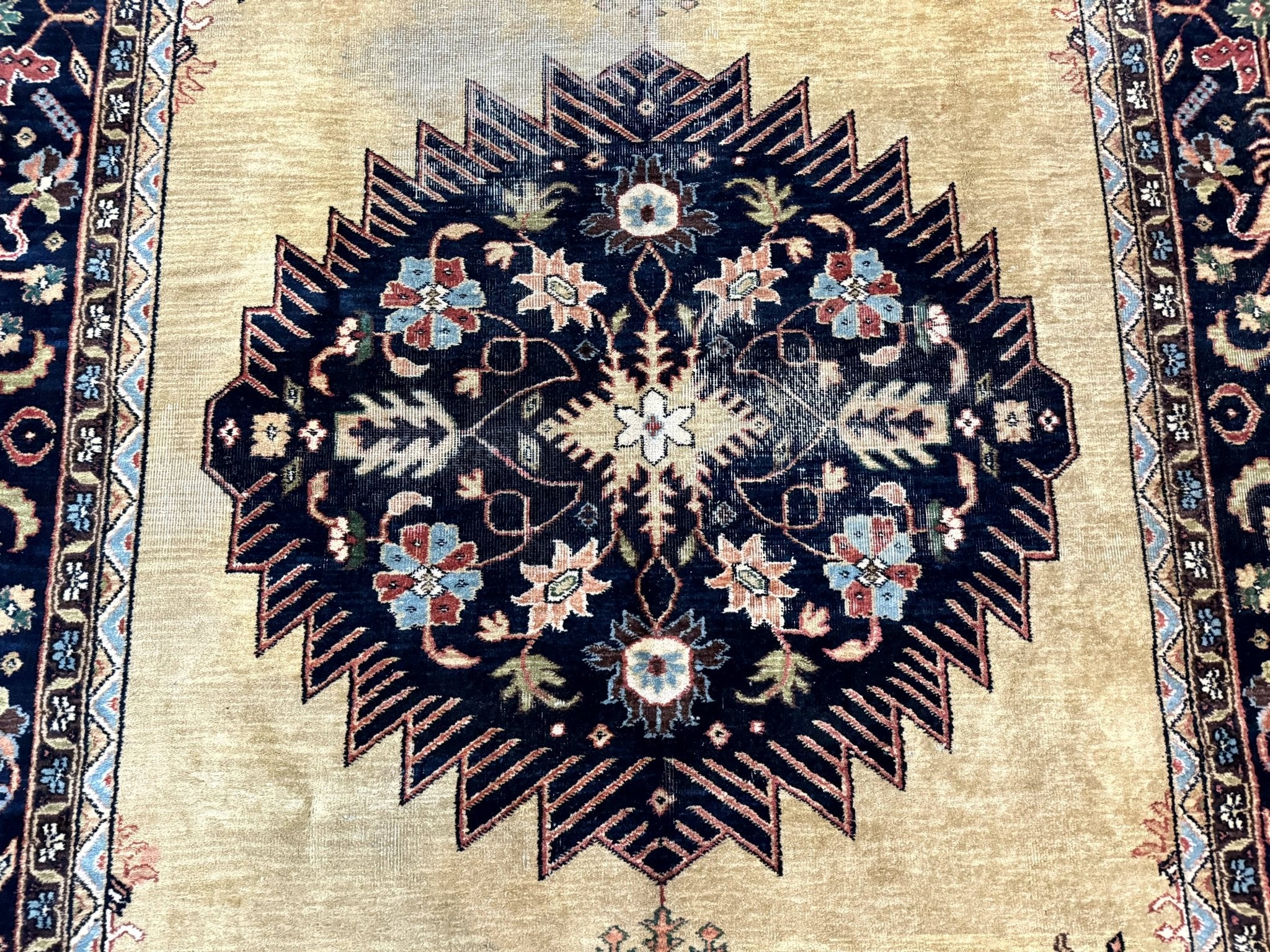 Indo Persian Heriz Rug 8x12, Camel Hair Tan and Navy Blue, Decorative - Jewel RugsShopify CollectiveHUNTEDFOX - Indo Persian Heriz Rug 8x12, Camel Hair Tan and Navy Blue, Decorative