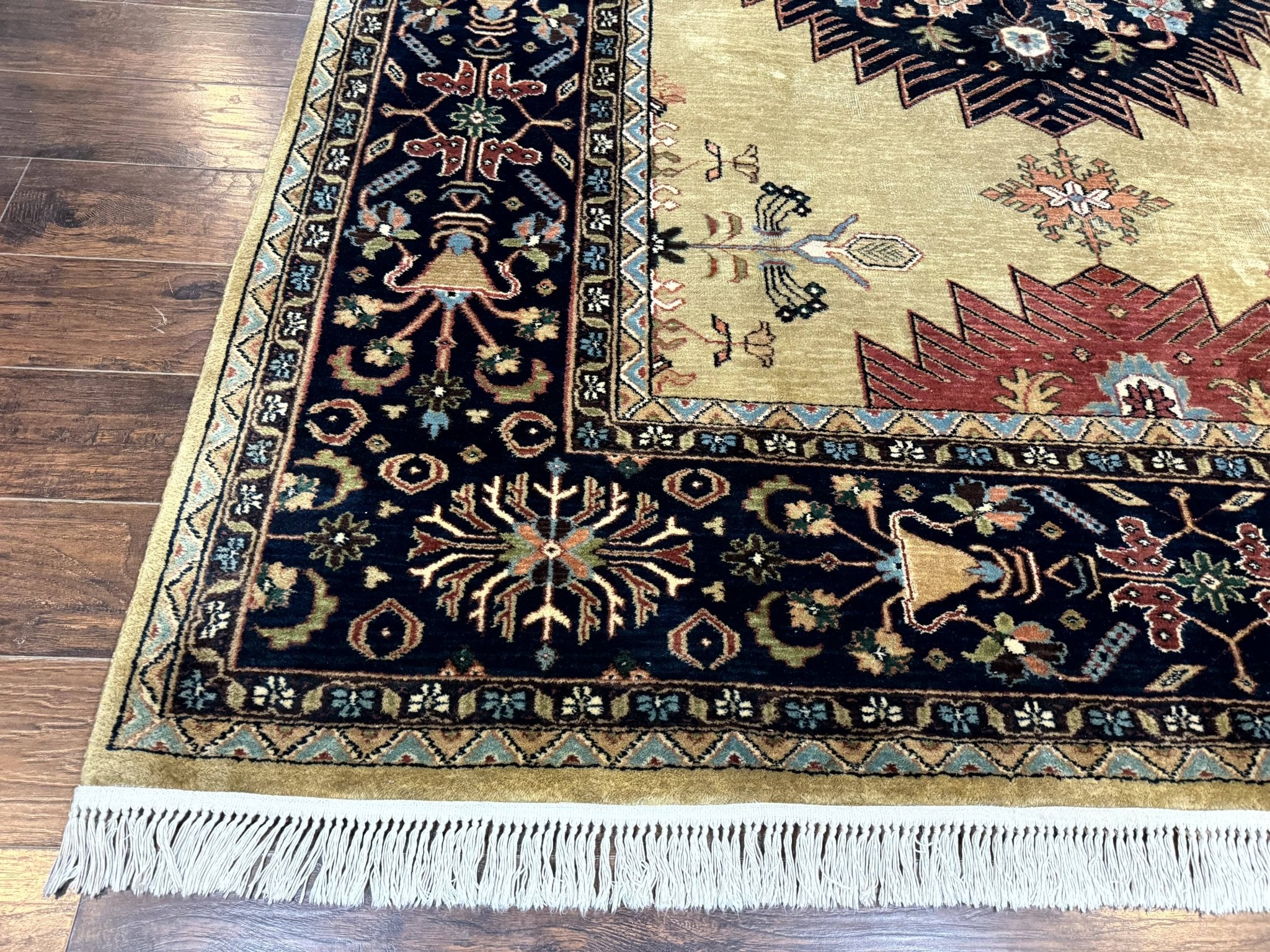 Indo Persian Heriz Rug 8x12, Camel Hair Tan and Navy Blue, Decorative - Jewel RugsShopify CollectiveHUNTEDFOX - Indo Persian Heriz Rug 8x12, Camel Hair Tan and Navy Blue, Decorative