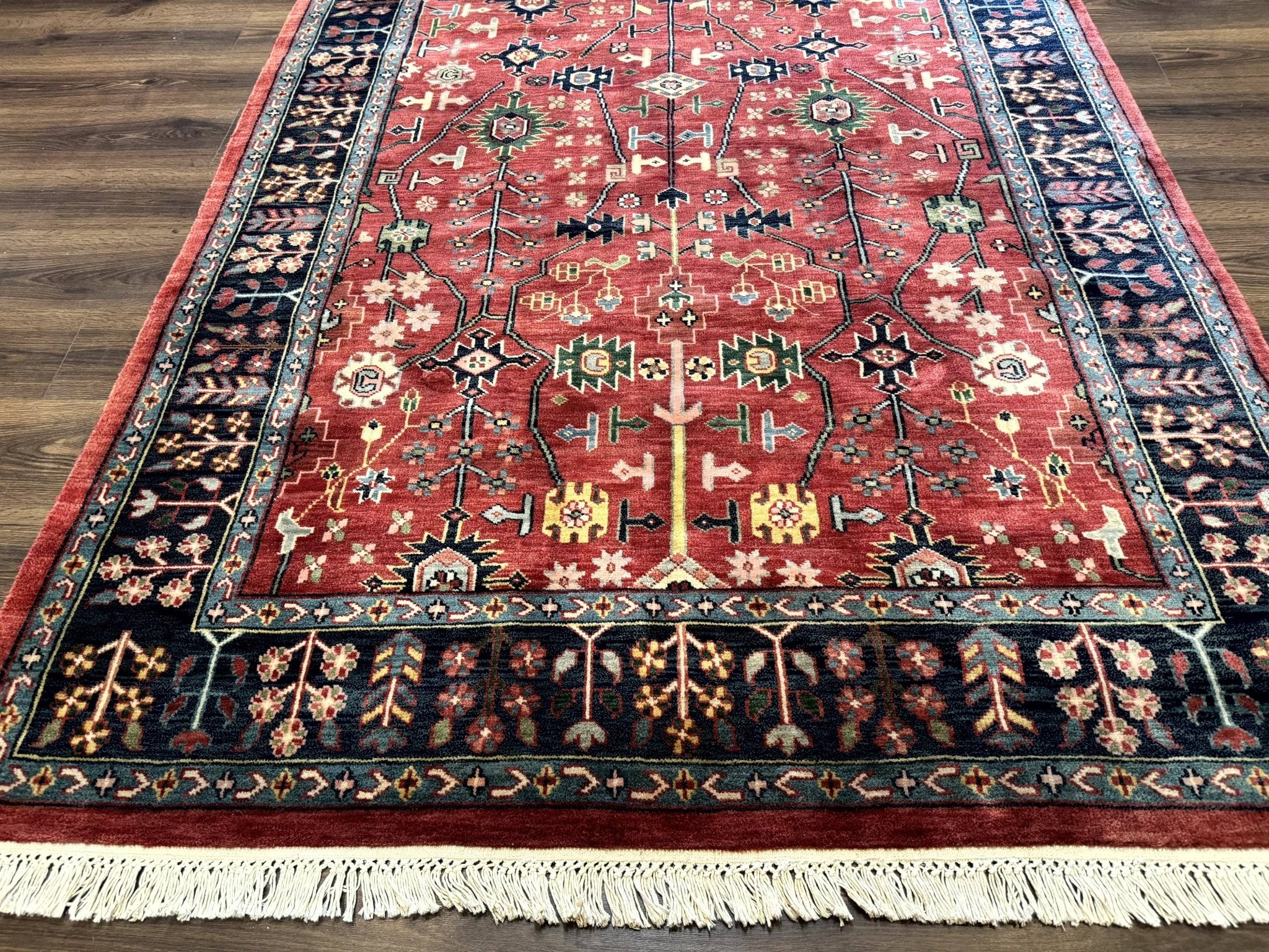 Indo Persian Heriz Serapi Rug 6x8, Rust Red and Navy Blue, Allover Pattern - Jewel RugsShopify CollectiveHUNTEDFOX - Indo Persian Heriz Serapi Rug 6x8, Rust Red and Navy Blue, Allover Pattern