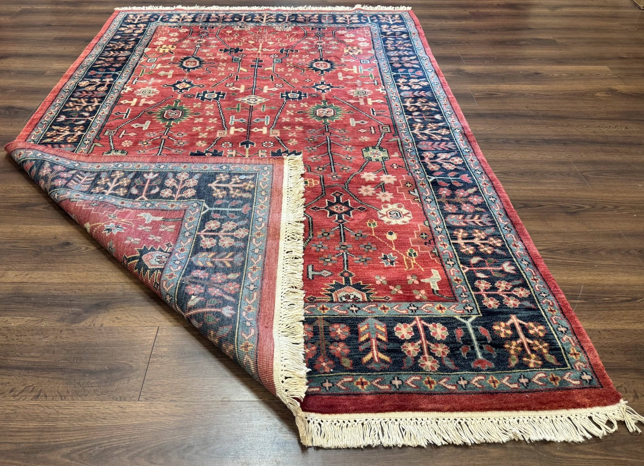 Indo Persian Heriz Serapi Rug 6x8, Rust Red and Navy Blue, Allover Pattern - Jewel RugsShopify CollectiveHUNTEDFOX - Indo Persian Heriz Serapi Rug 6x8, Rust Red and Navy Blue, Allover Pattern
