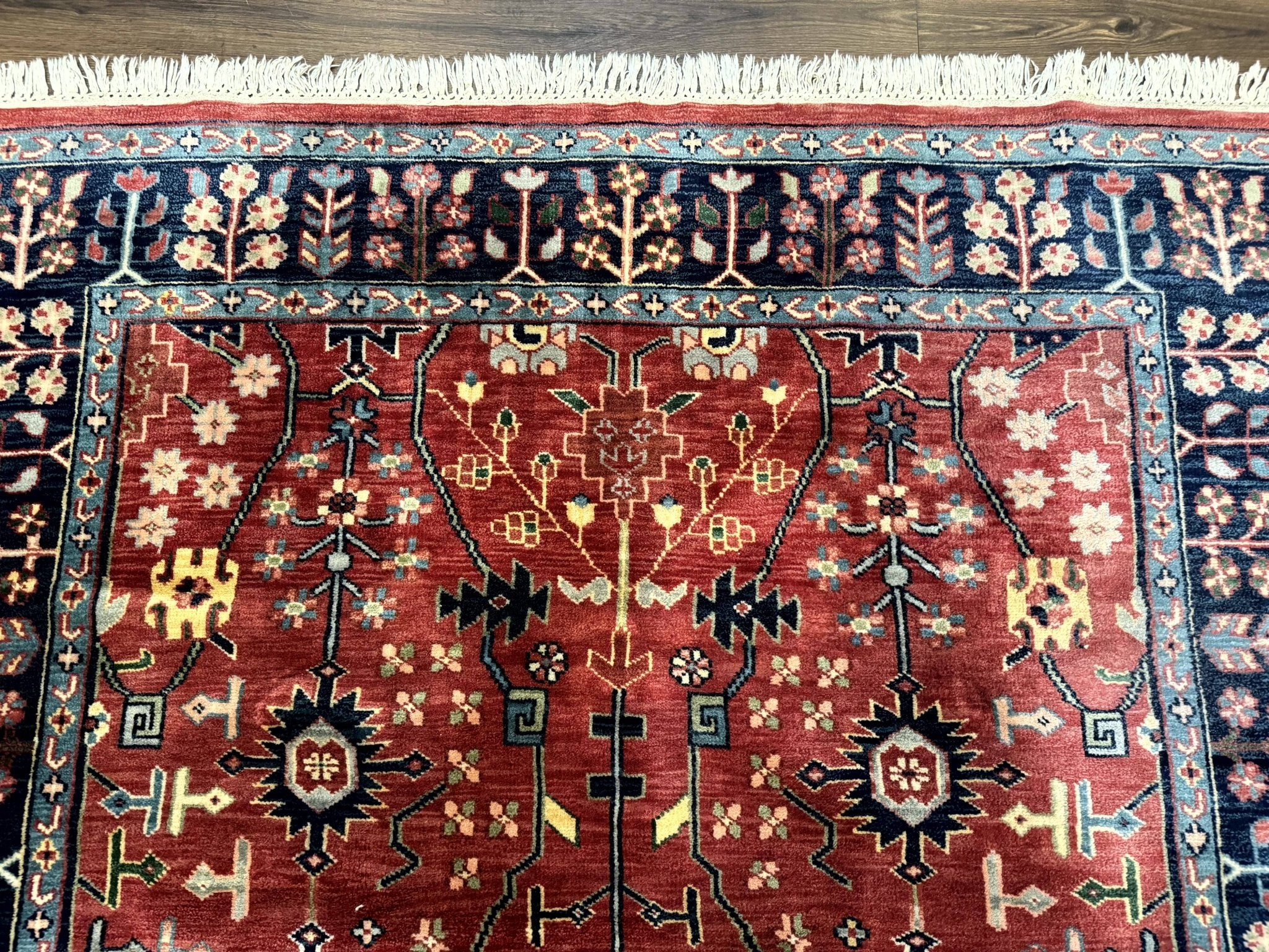Indo Persian Heriz Serapi Rug 6x8, Rust Red and Navy Blue, Allover Pattern - Jewel RugsShopify CollectiveHUNTEDFOX - Indo Persian Heriz Serapi Rug 6x8, Rust Red and Navy Blue, Allover Pattern