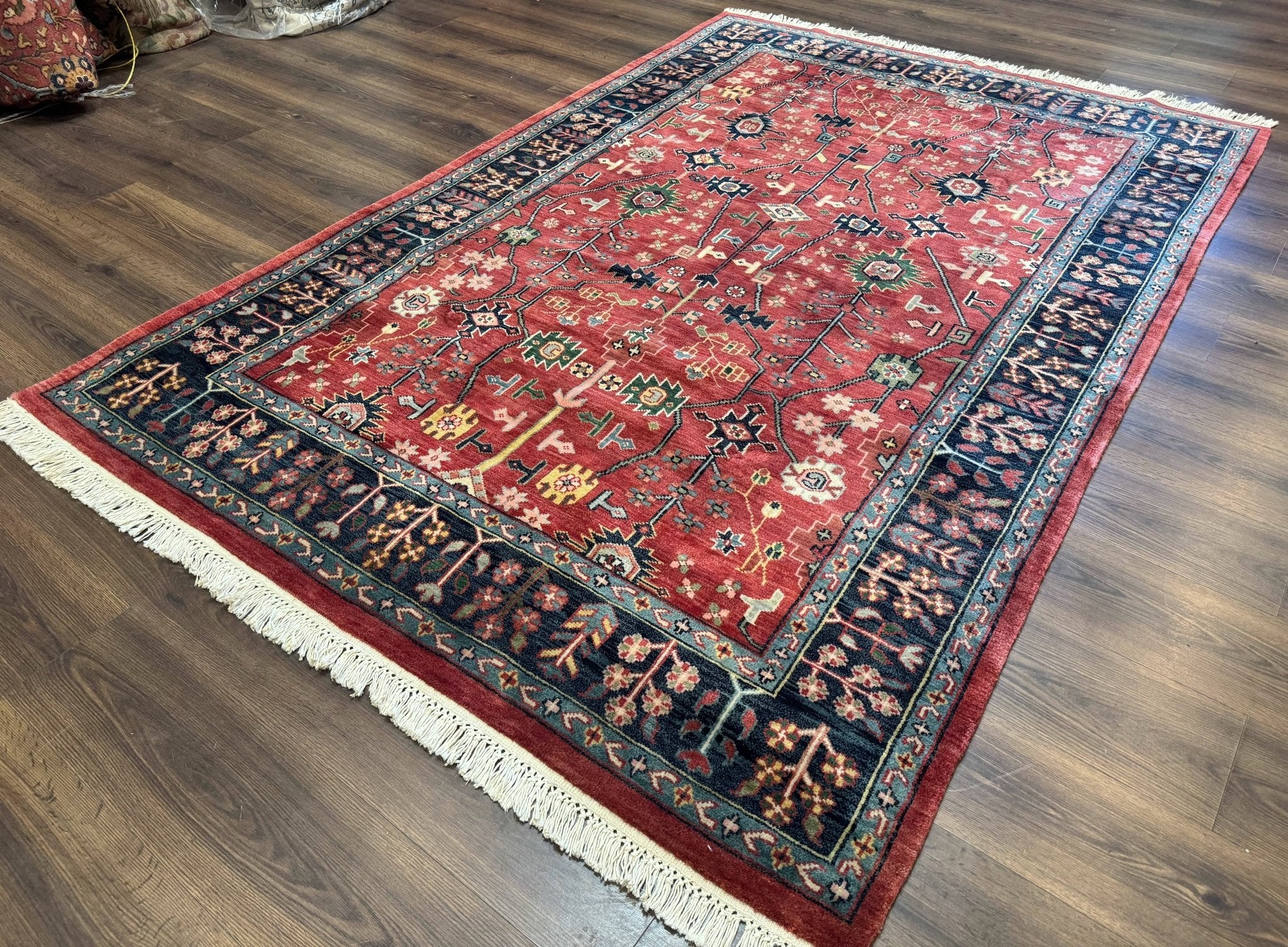 Indo Persian Heriz Serapi Rug 6x8, Rust Red and Navy Blue, Allover Pattern - Jewel RugsShopify CollectiveHUNTEDFOX - Indo Persian Heriz Serapi Rug 6x8, Rust Red and Navy Blue, Allover Pattern