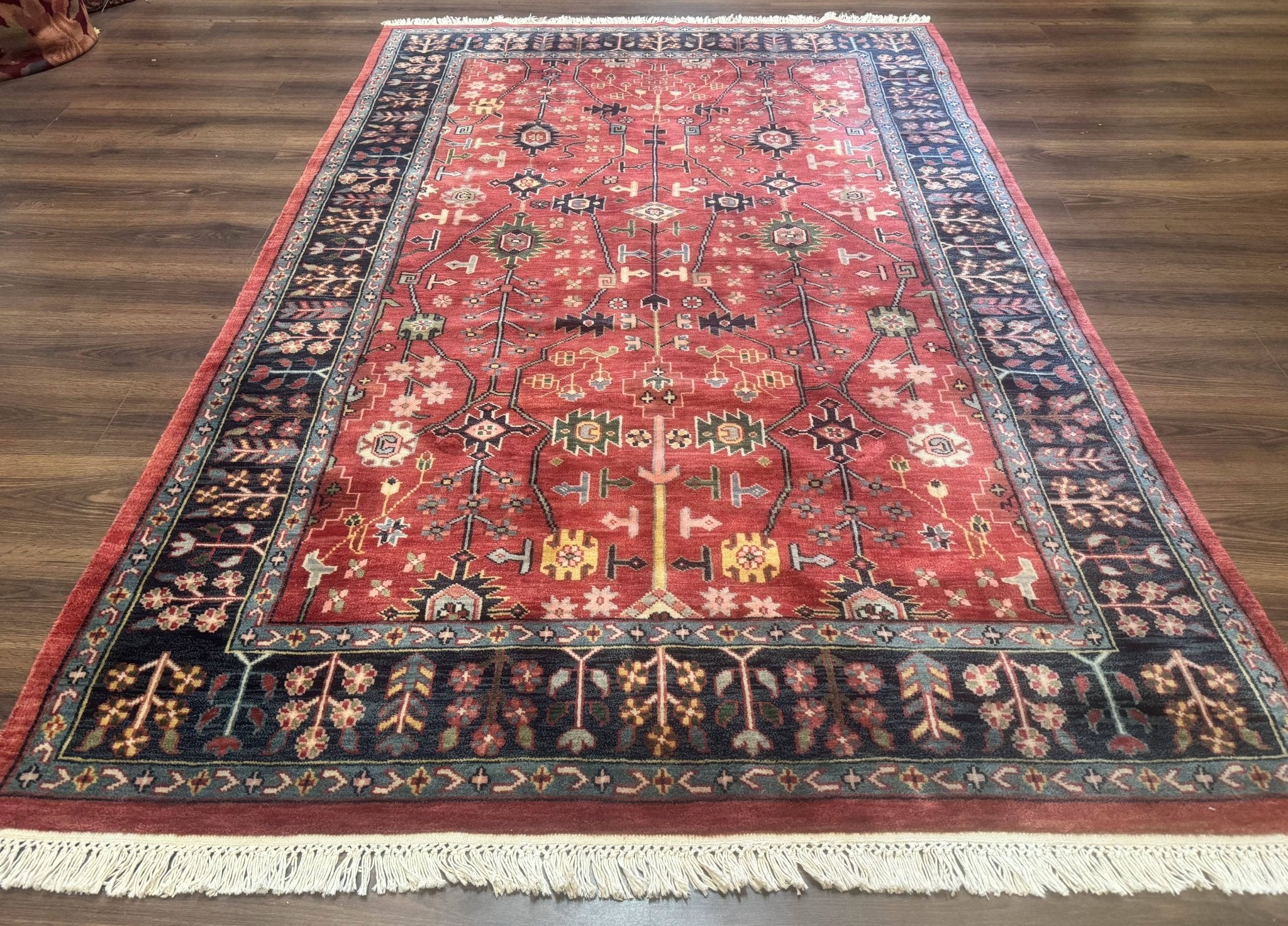 Indo Persian Heriz Serapi Rug 6x8, Rust Red and Navy Blue, Allover Pattern - Jewel RugsShopify CollectiveHUNTEDFOX - Indo Persian Heriz Serapi Rug 6x8, Rust Red and Navy Blue, Allover Pattern