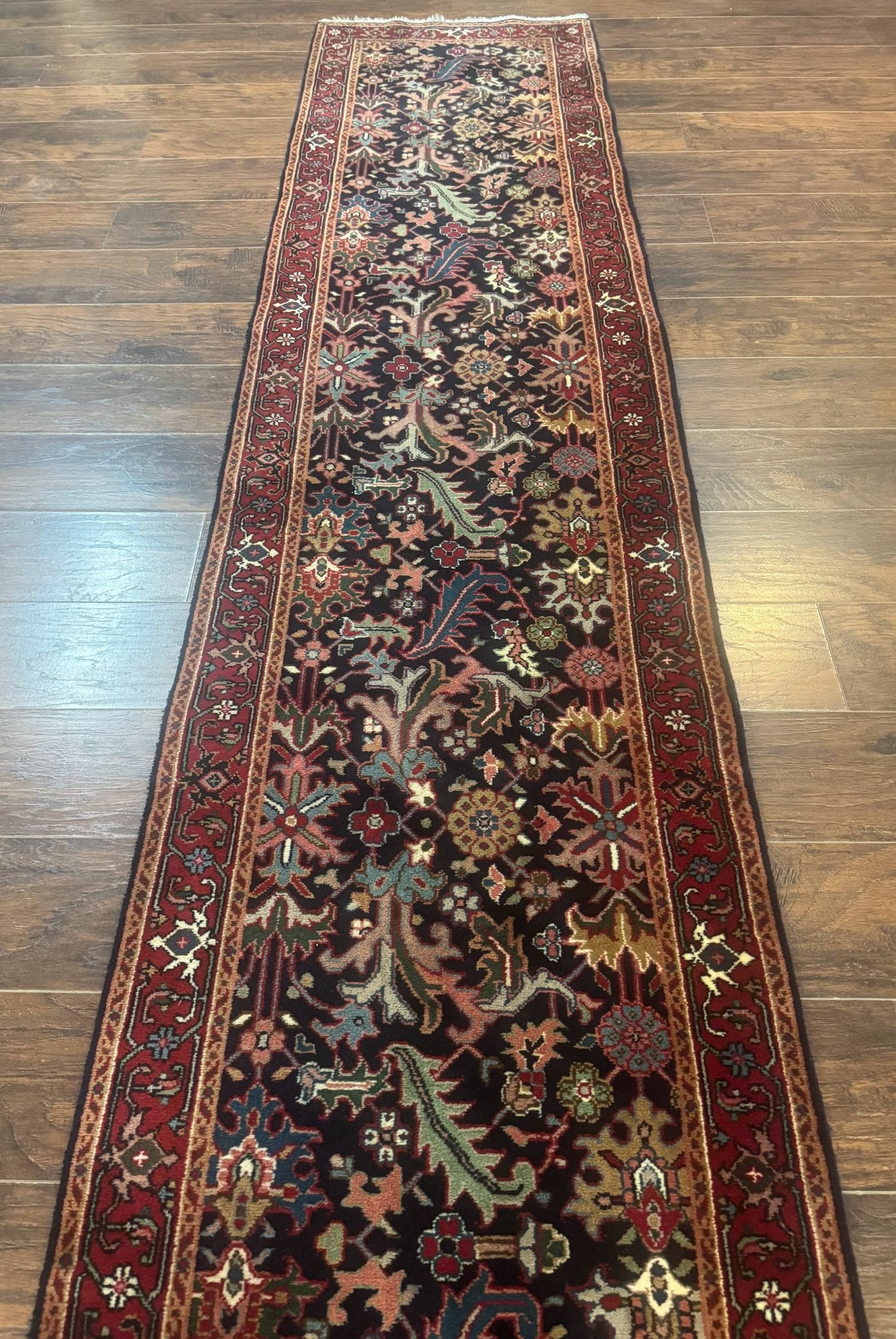 Indo Persian Runner Rug 2.7 x 13, Navy Blue and Red, Allover Floral, Wool, 13ft Runner - Jewel RugsShopify CollectiveHUNTEDFOX - Indo Persian Runner Rug 2.7 x 13, Navy Blue and Red, Allover Floral, Wool, 13ft Runner