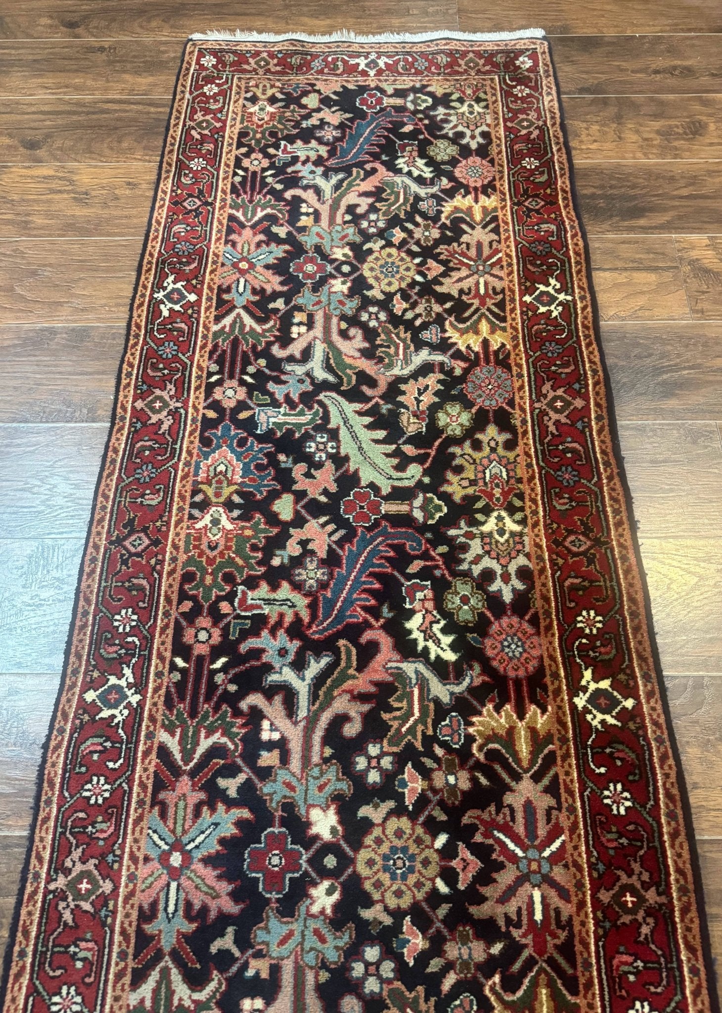 Indo Persian Runner Rug 2.7 x 13, Navy Blue and Red, Allover Floral, Wool, 13ft Runner - Jewel RugsShopify CollectiveHUNTEDFOX - Indo Persian Runner Rug 2.7 x 13, Navy Blue and Red, Allover Floral, Wool, 13ft Runner