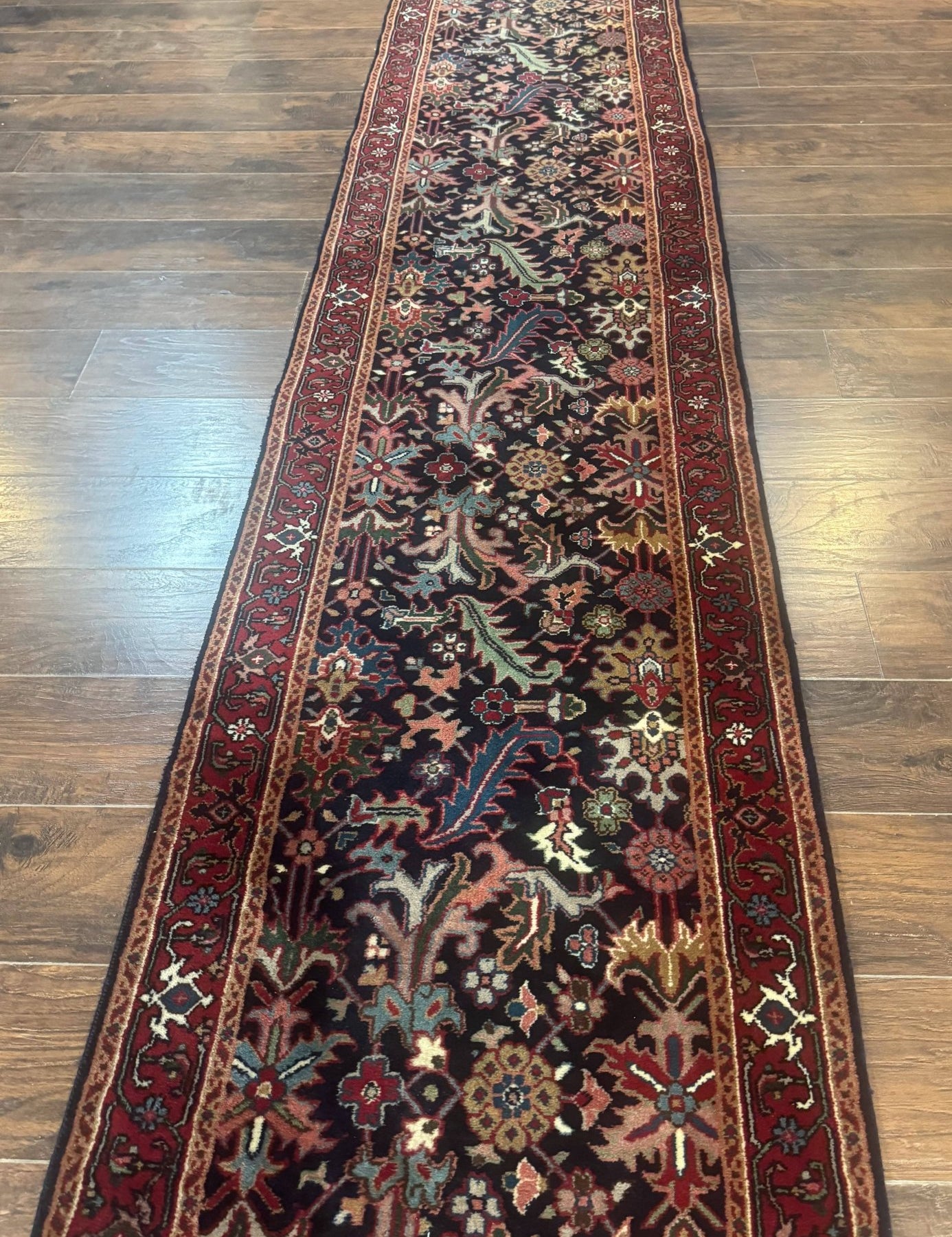 Indo Persian Runner Rug 2.7 x 13, Navy Blue and Red, Allover Floral, Wool, 13ft Runner - Jewel RugsShopify CollectiveHUNTEDFOX - Indo Persian Runner Rug 2.7 x 13, Navy Blue and Red, Allover Floral, Wool, 13ft Runner