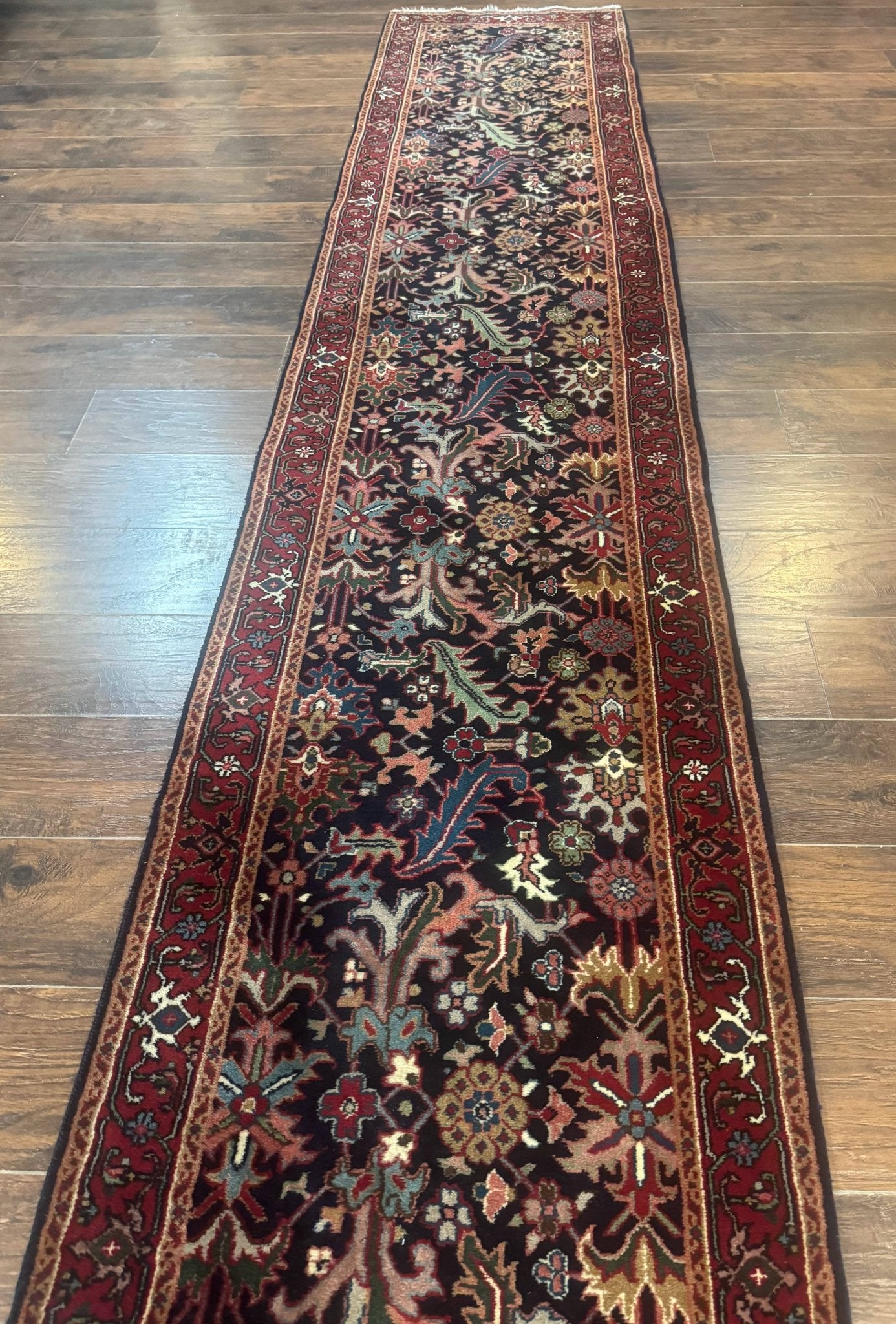 Indo Persian Runner Rug 2.7 x 13, Navy Blue and Red, Allover Floral, Wool, 13ft Runner - Jewel RugsShopify CollectiveHUNTEDFOX - Indo Persian Runner Rug 2.7 x 13, Navy Blue and Red, Allover Floral, Wool, 13ft Runner