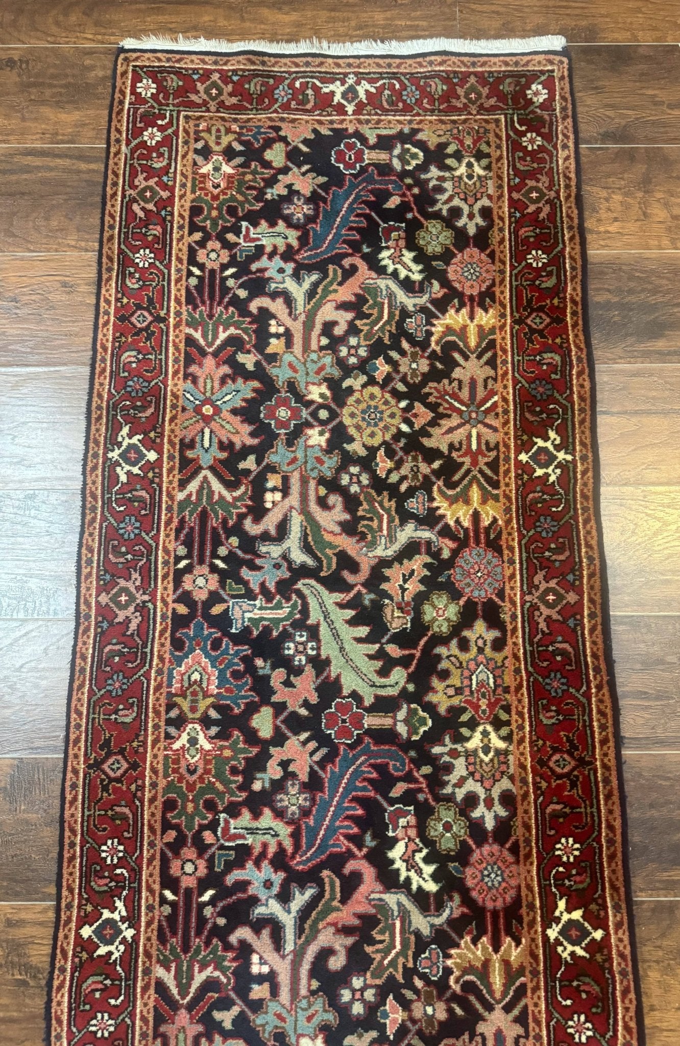 Indo Persian Runner Rug 2.7 x 13, Navy Blue and Red, Allover Floral, Wool, 13ft Runner - Jewel RugsShopify CollectiveHUNTEDFOX - Indo Persian Runner Rug 2.7 x 13, Navy Blue and Red, Allover Floral, Wool, 13ft Runner