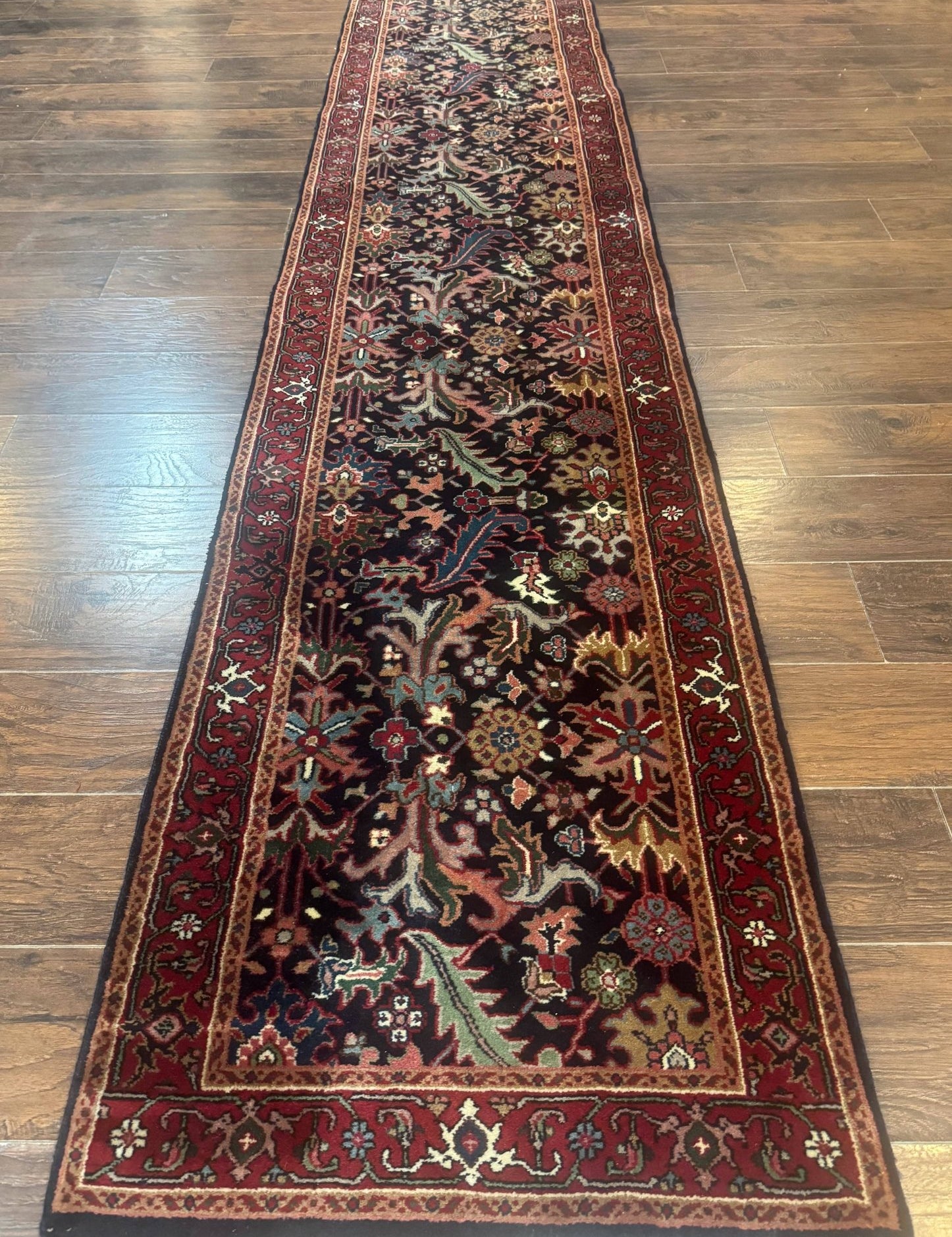 Indo Persian Runner Rug 2.7 x 13, Navy Blue and Red, Allover Floral, Wool, 13ft Runner - Jewel RugsShopify CollectiveHUNTEDFOX - Indo Persian Runner Rug 2.7 x 13, Navy Blue and Red, Allover Floral, Wool, 13ft Runner