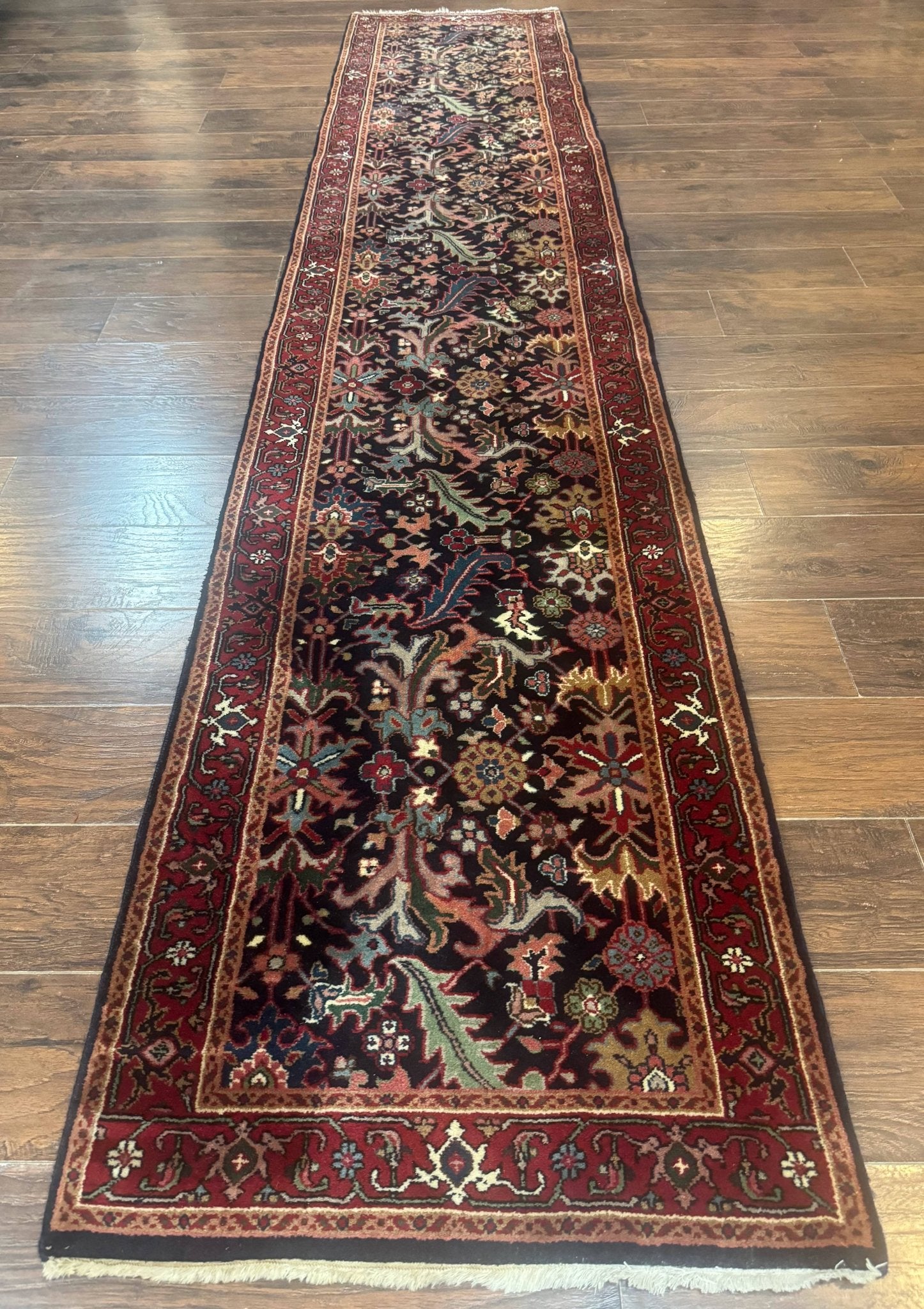 Indo Persian Runner Rug 2.7 x 13, Navy Blue and Red, Allover Floral, Wool, 13ft Runner - Jewel RugsShopify CollectiveHUNTEDFOX - Indo Persian Runner Rug 2.7 x 13, Navy Blue and Red, Allover Floral, Wool, 13ft Runner