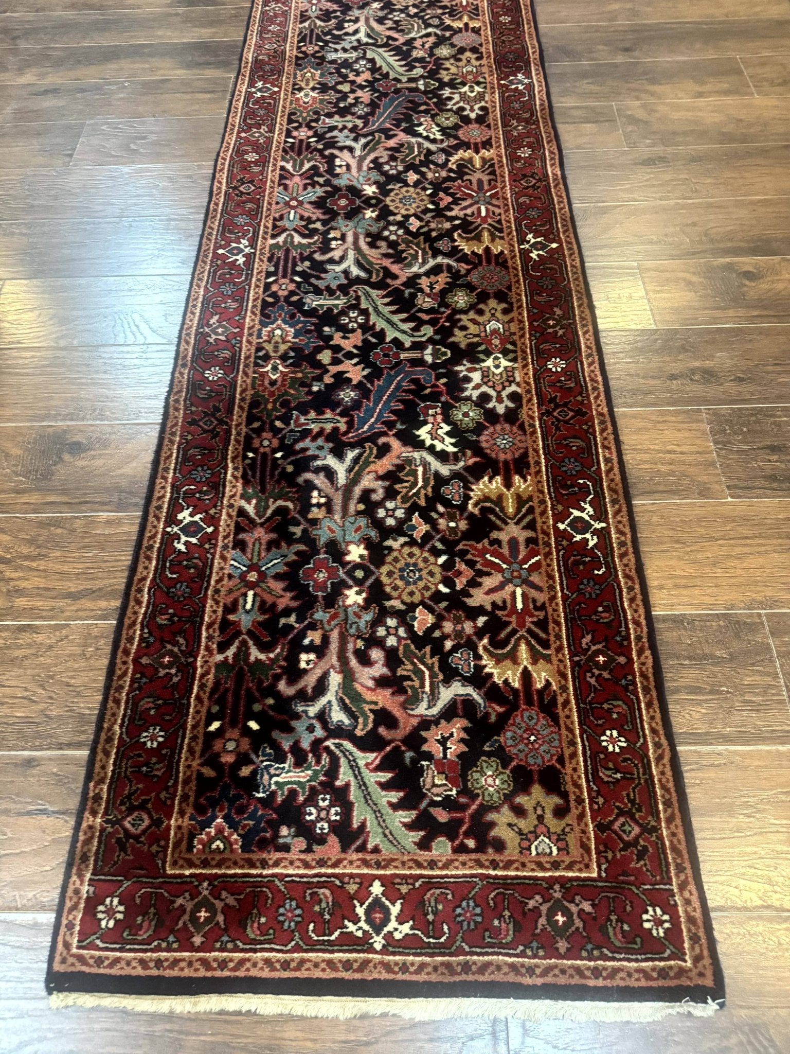 Indo Persian Runner Rug 2.7 x 13, Navy Blue and Red, Allover Floral, Wool, 13ft Runner - Jewel RugsShopify CollectiveHUNTEDFOX - Indo Persian Runner Rug 2.7 x 13, Navy Blue and Red, Allover Floral, Wool, 13ft Runner