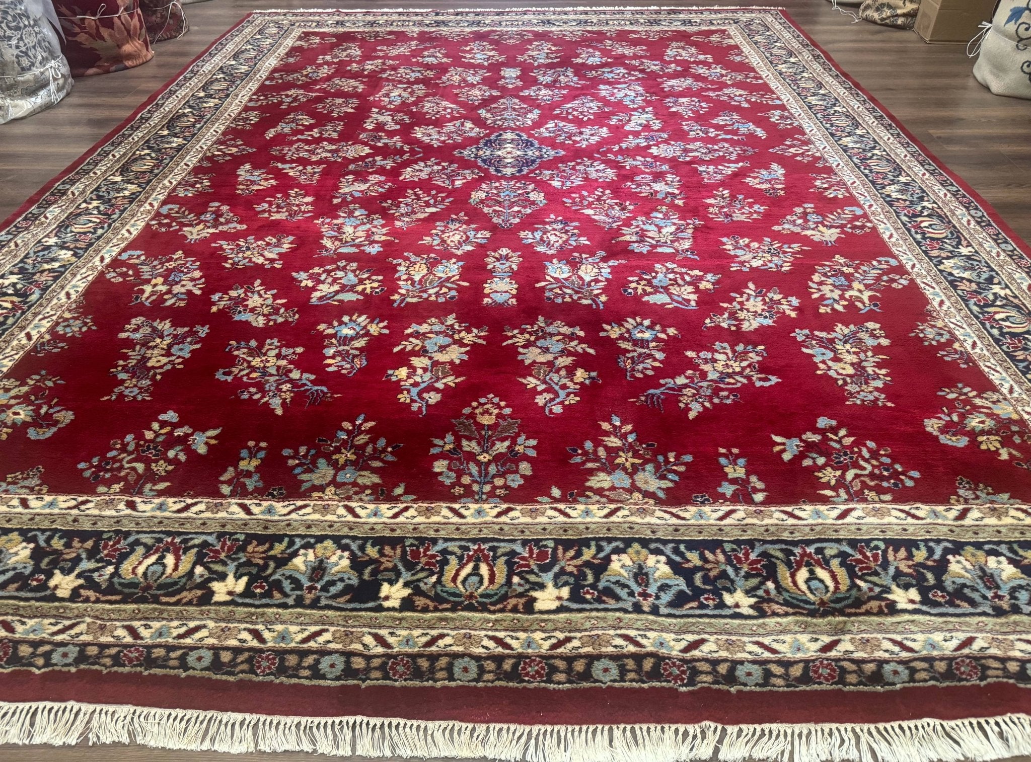 Indo Persian Sarouk Rug 10x14, Large Red and Navy Blue Carpet, Traditional Floral Wool Rug - Jewel RugsShopify CollectiveHUNTEDFOX - Indo Persian Sarouk Rug 10x14, Large Red and Navy Blue Carpet, Traditional Floral Wool Rug