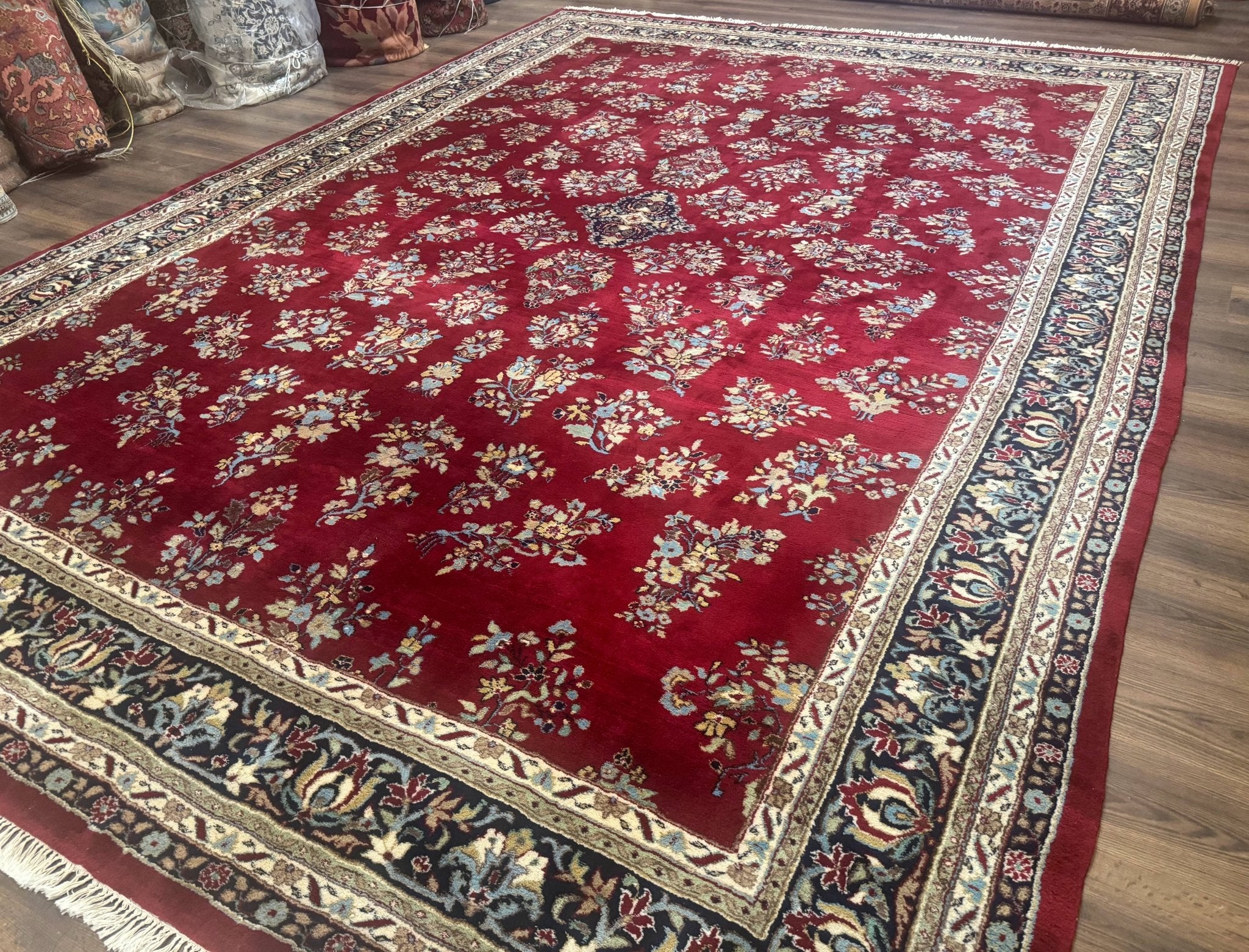 Indo Persian Sarouk Rug 10x14, Large Red and Navy Blue Carpet, Traditional Floral Wool Rug - Jewel RugsShopify CollectiveHUNTEDFOX - Indo Persian Sarouk Rug 10x14, Large Red and Navy Blue Carpet, Traditional Floral Wool Rug