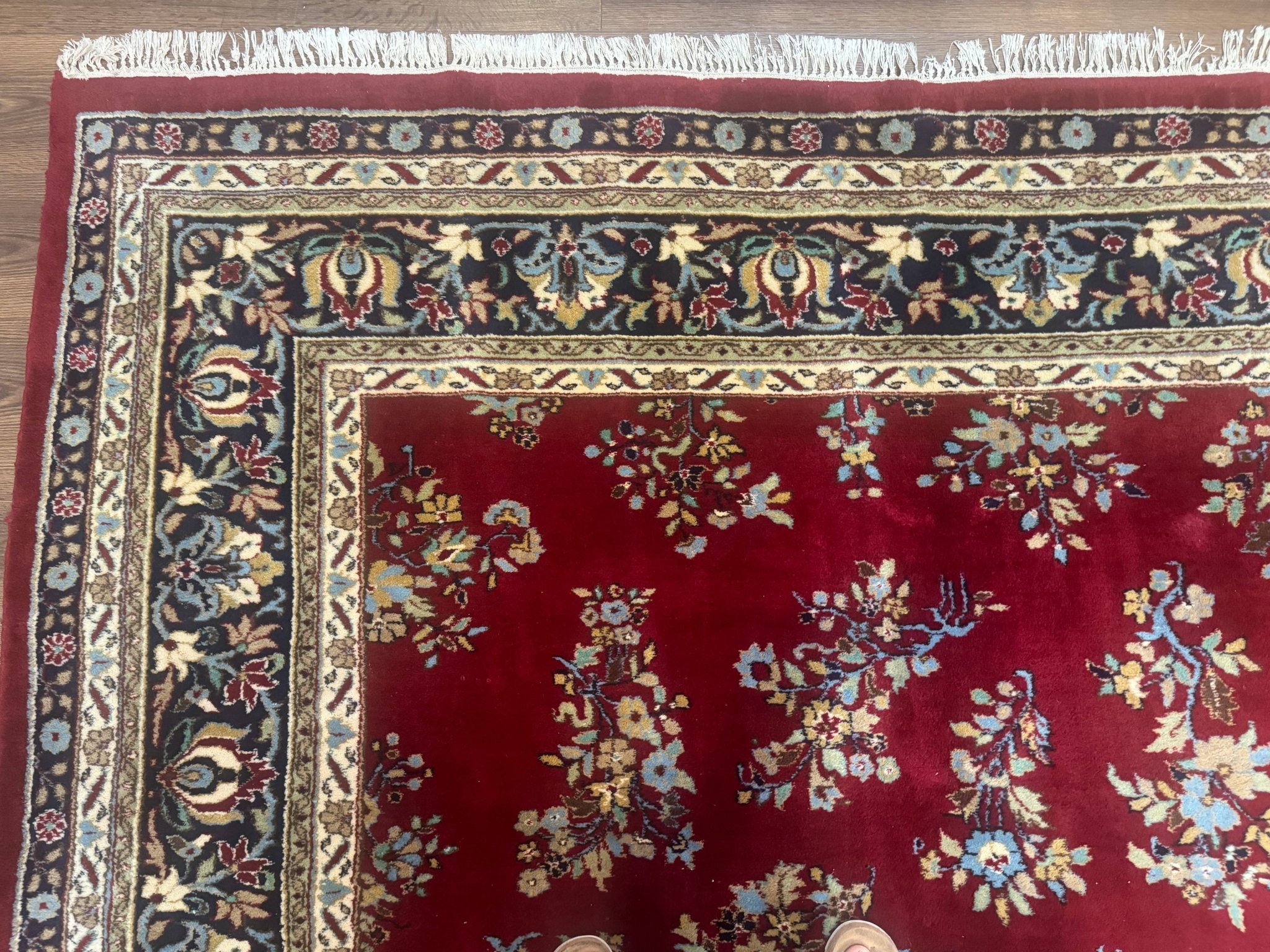 Indo Persian Sarouk Rug 10x14, Large Red and Navy Blue Carpet, Traditional Floral Wool Rug - Jewel RugsShopify CollectiveHUNTEDFOX - Indo Persian Sarouk Rug 10x14, Large Red and Navy Blue Carpet, Traditional Floral Wool Rug