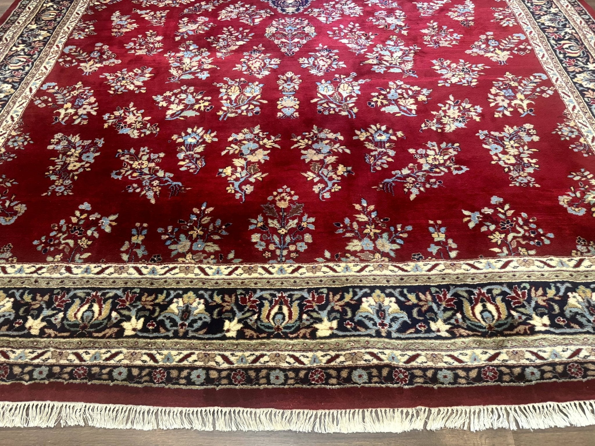 Indo Persian Sarouk Rug 10x14, Large Red and Navy Blue Carpet, Traditional Floral Wool Rug - Jewel RugsShopify CollectiveHUNTEDFOX - Indo Persian Sarouk Rug 10x14, Large Red and Navy Blue Carpet, Traditional Floral Wool Rug