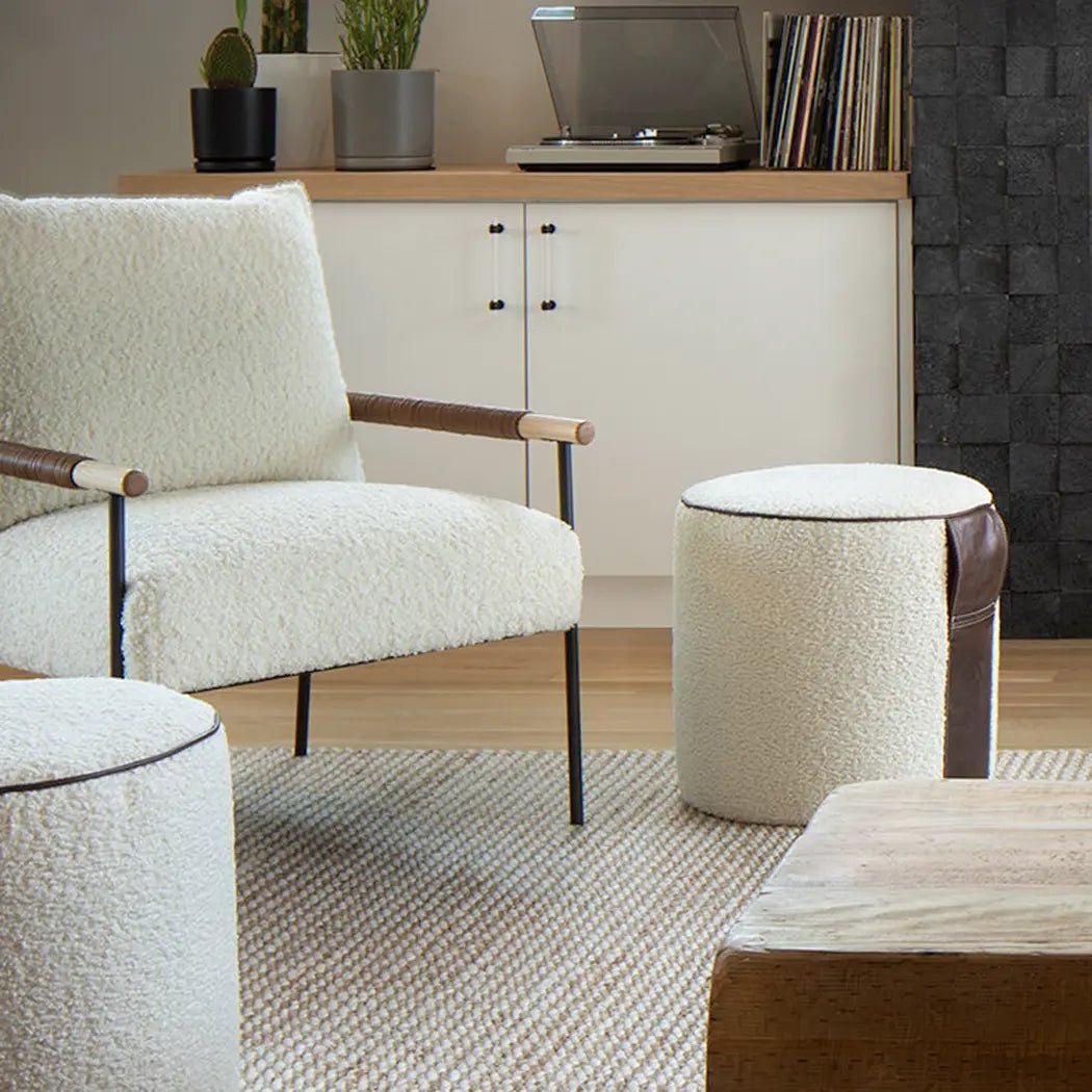 Ivory Boucle and Leather Round Ottoman Pouf - HUNTEDFOX