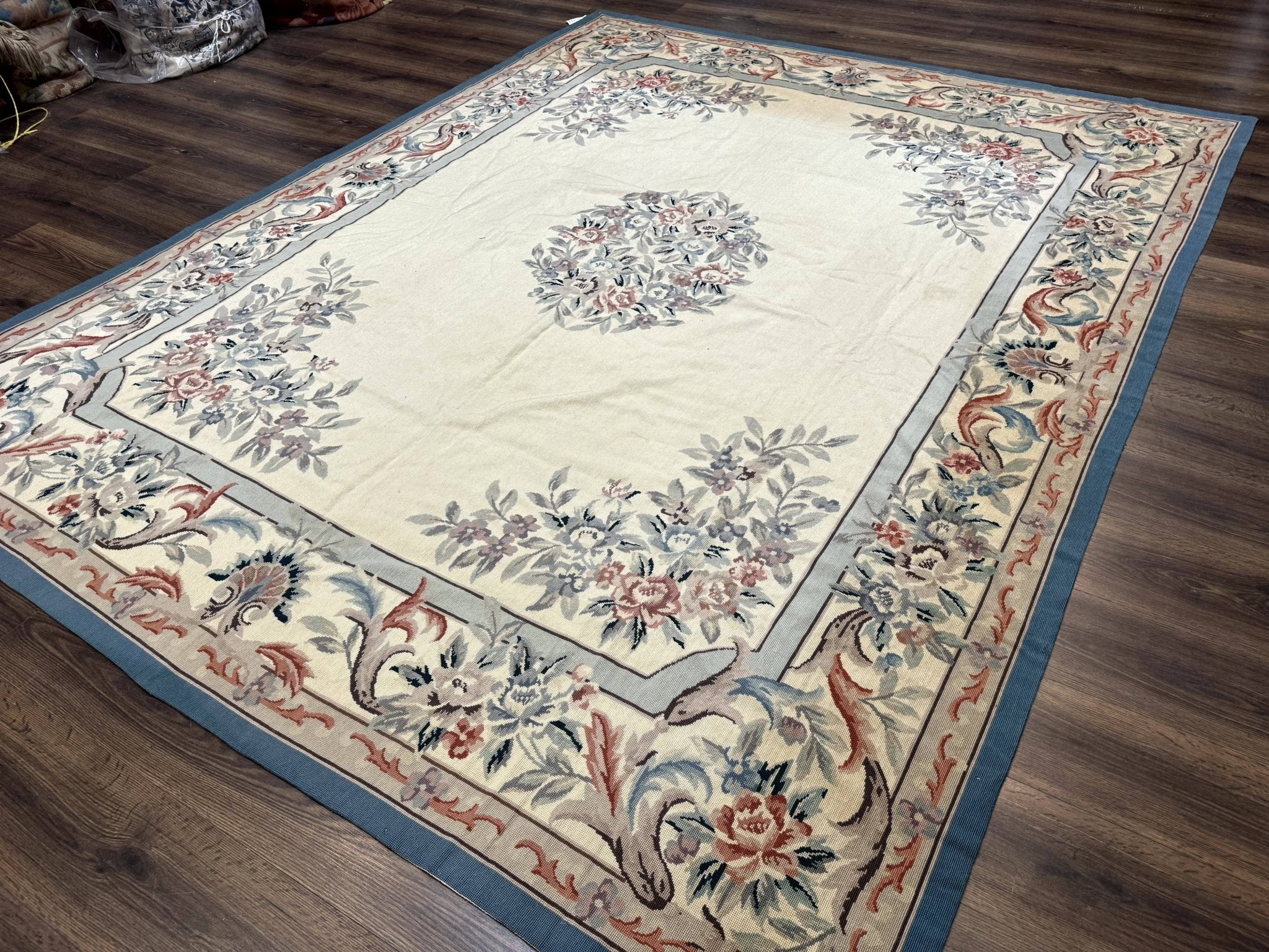 Ivory Needlepoint Rug 8x10, Wool Handmade Carpet - Jewel RugsShopify CollectiveHUNTEDFOX - Ivory Needlepoint Rug 8x10, Wool Handmade Carpet