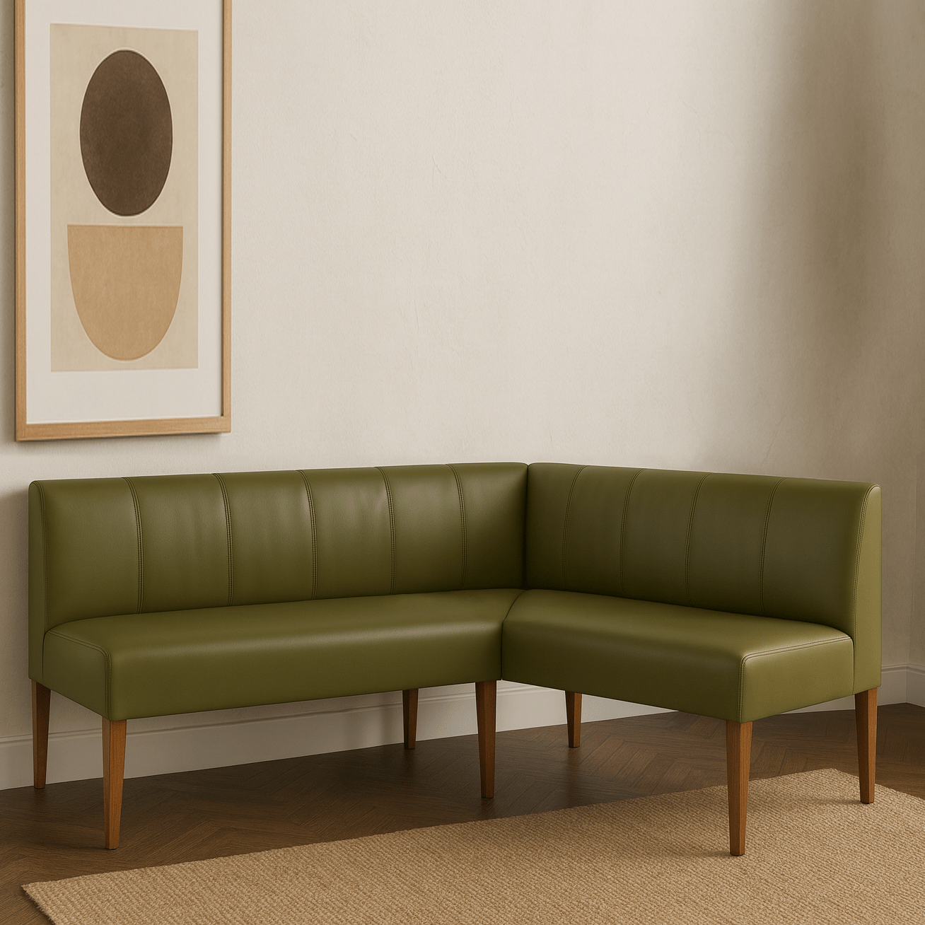 JO| CUSTOM Olive Green Vegan Leather Corner Bench Seat - H|F AtelierShopify CollectiveHUNTEDFOX - Green leather sectional sofa in a room with a abstract painting on the wall.