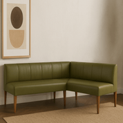 JO| CUSTOM Olive Green Vegan Leather Corner Bench Seat - H|F AtelierShopify CollectiveHUNTEDFOX - Green leather sectional sofa in a room with a abstract painting on the wall.