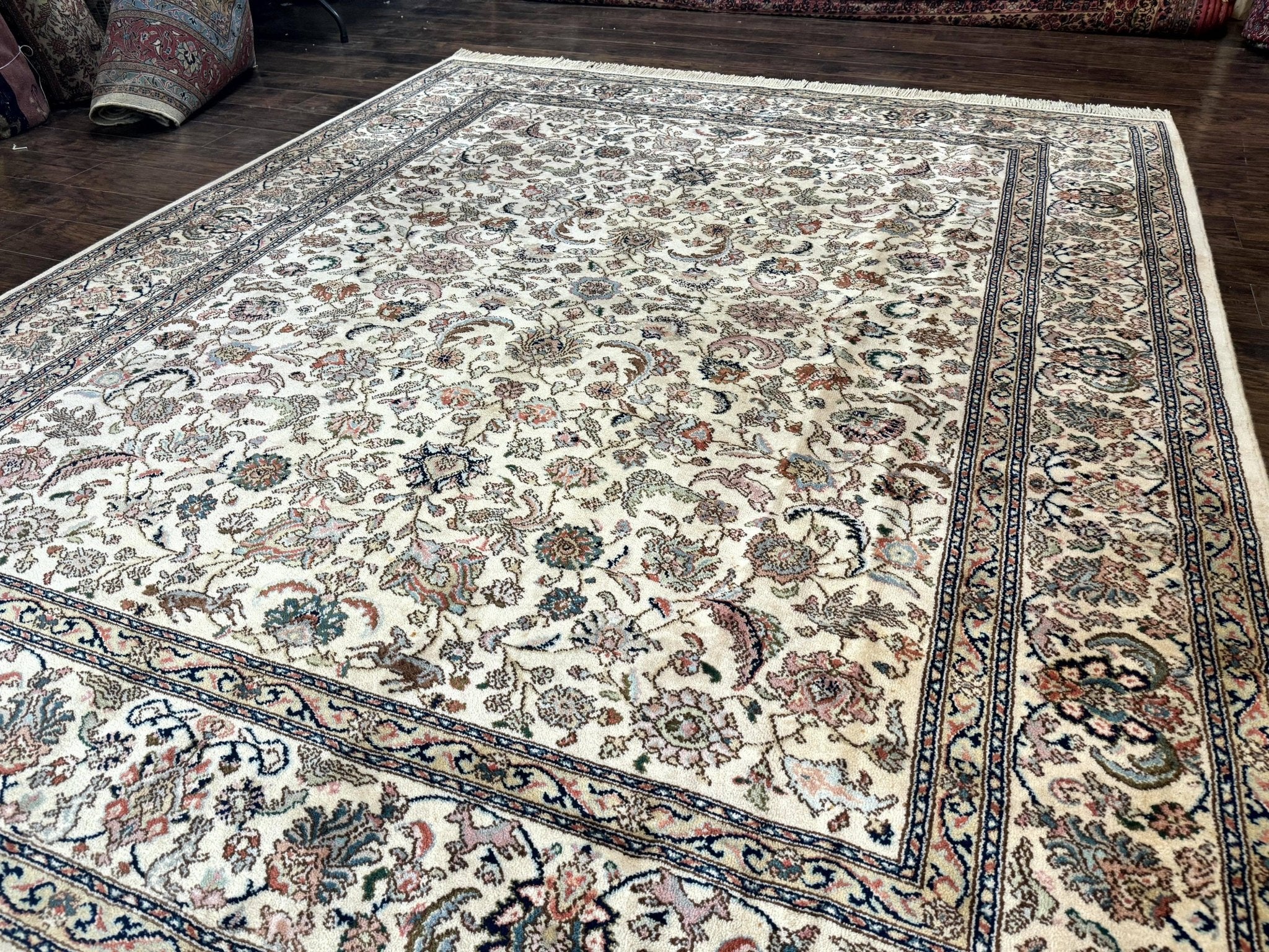 Karastan Rug 738 Tabriz Design 8.8 x 10.6, Room Sized Wool Pile Karastan Carpet, Vintage Discontinued Karastan Area Rug, Ivory, Floral Rug - Jewel RugsShopify CollectiveHUNTEDFOX - Karastan Rug 738 Tabriz Design 8.8 x 10.6, Room Sized Wool Pile Karastan Carpet, Vintage Discontinued Karastan Area Rug, Ivory, Floral Rug