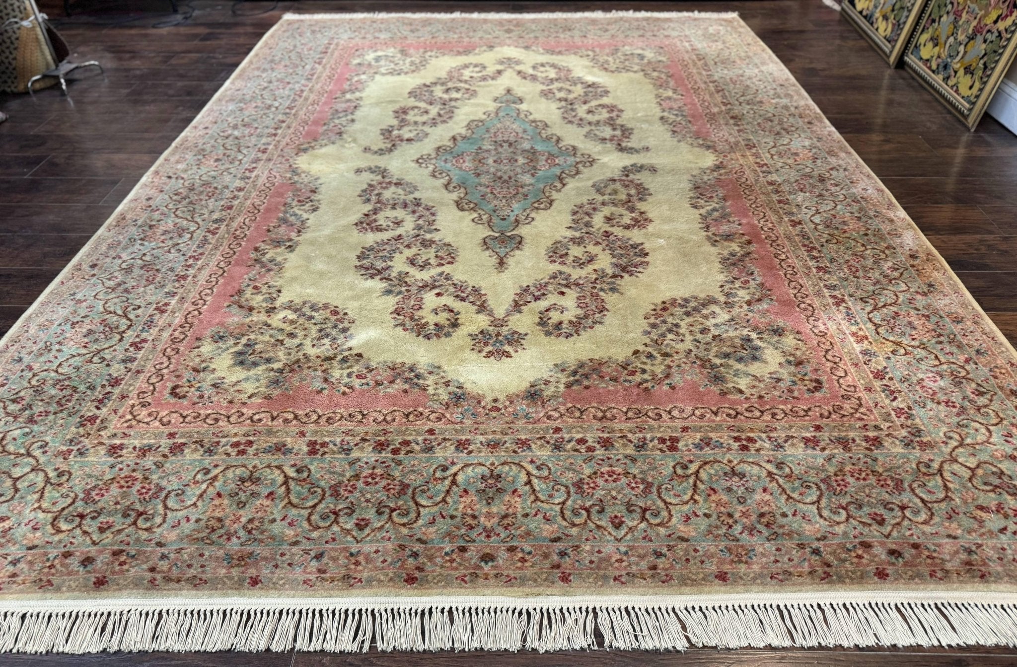 Karastan Rug 8.8 x 12, Pastel Ivory Kirman Rug 784, Wool Karastan Carpet, Original 700 Series, Vintage Karastan Area Rug, Discontinued - Jewel RugsShopify CollectiveHUNTEDFOX - Karastan Rug 8.8 x 12, Pastel Ivory Kirman Rug 784, Wool Karastan Carpet, Original 700 Series, Vintage Karastan Area Rug, Discontinued