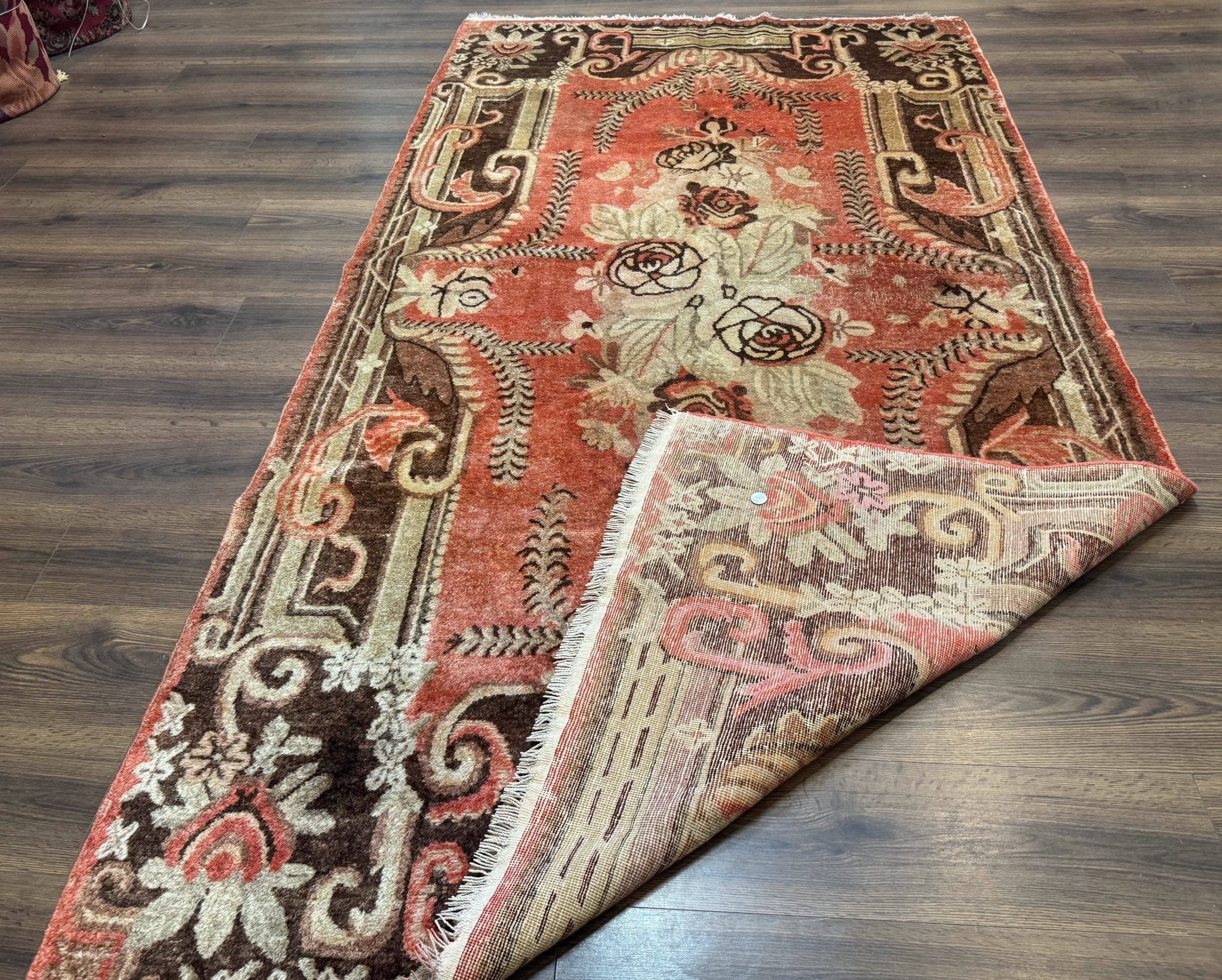 Khotan Rug 5x9, Terracotta and Brown, Floral, Chinese Wool Carpet, Antique Rug - Jewel RugsShopify CollectiveHUNTEDFOX - Khotan Rug 5x9, Terracotta and Brown, Floral, Chinese Wool Carpet, Antique Rug