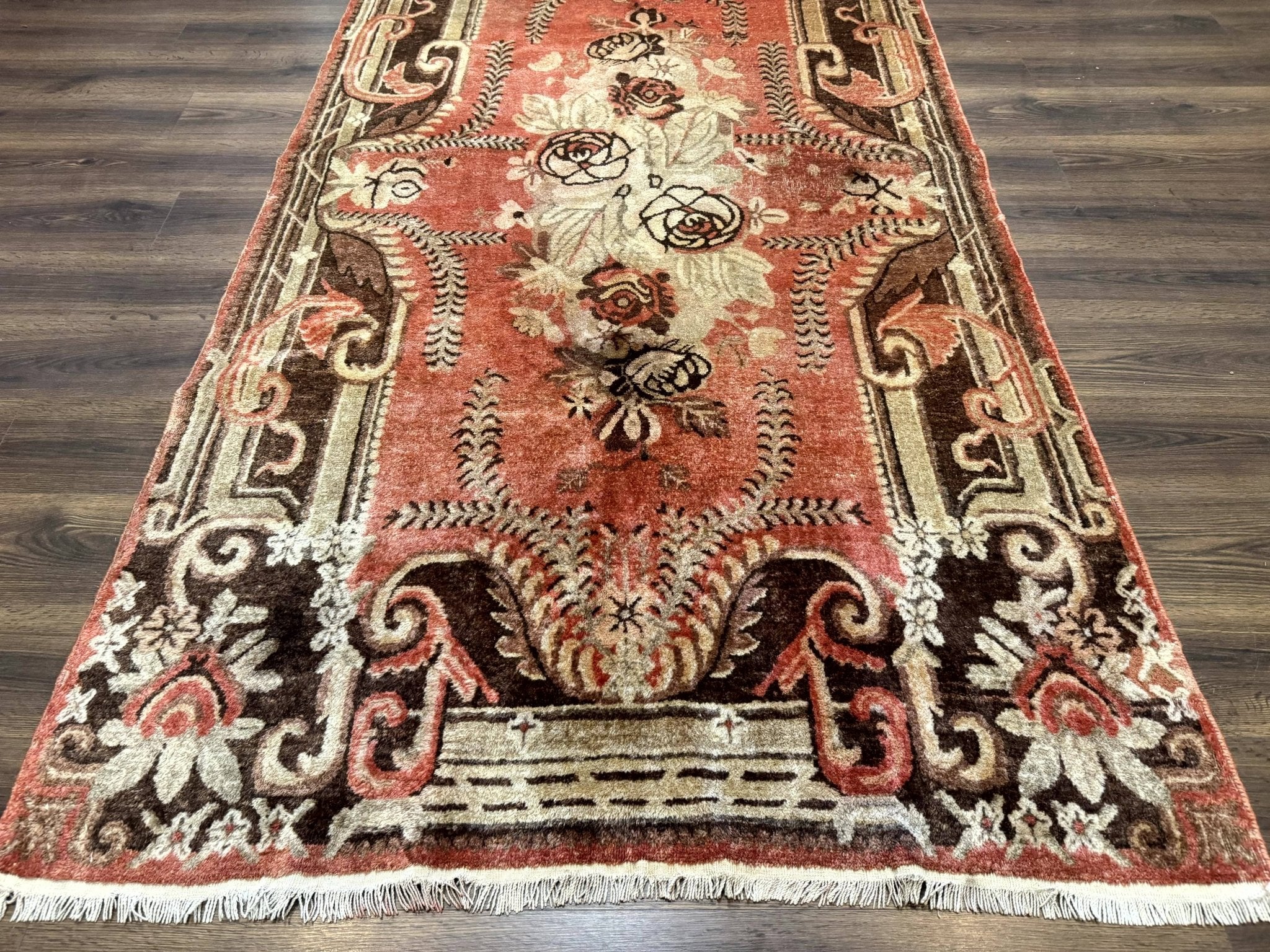 Khotan Rug 5x9, Terracotta and Brown, Floral, Chinese Wool Carpet, Antique Rug - Jewel RugsShopify CollectiveHUNTEDFOX - Khotan Rug 5x9, Terracotta and Brown, Floral, Chinese Wool Carpet, Antique Rug