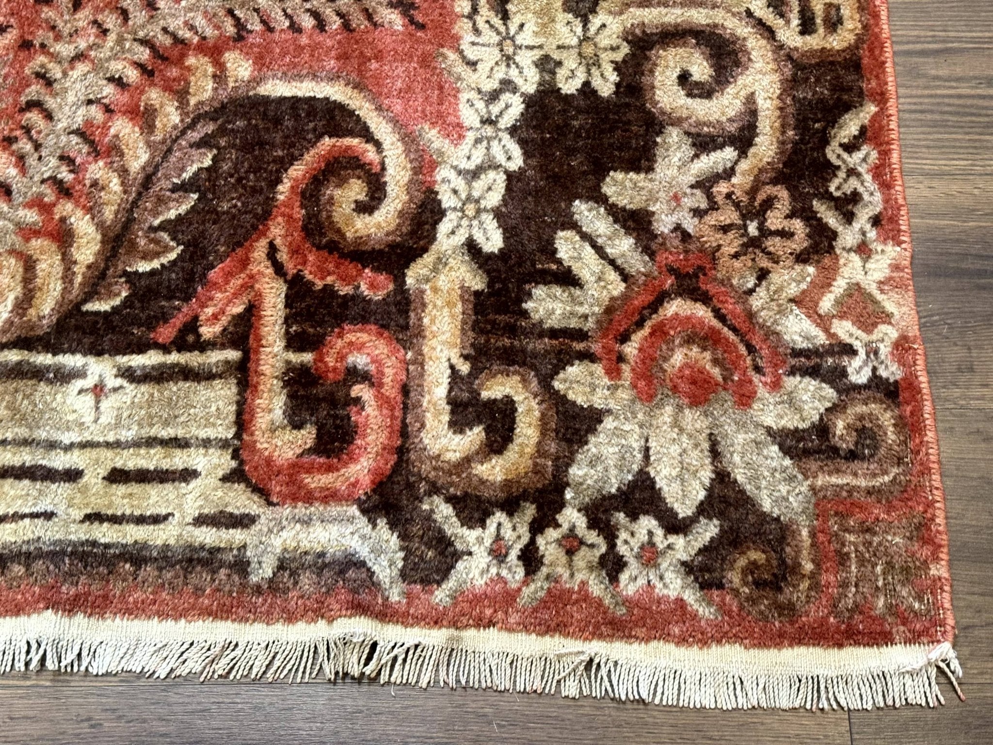 Khotan Rug 5x9, Terracotta and Brown, Floral, Chinese Wool Carpet, Antique Rug - Jewel RugsShopify CollectiveHUNTEDFOX - Khotan Rug 5x9, Terracotta and Brown, Floral, Chinese Wool Carpet, Antique Rug