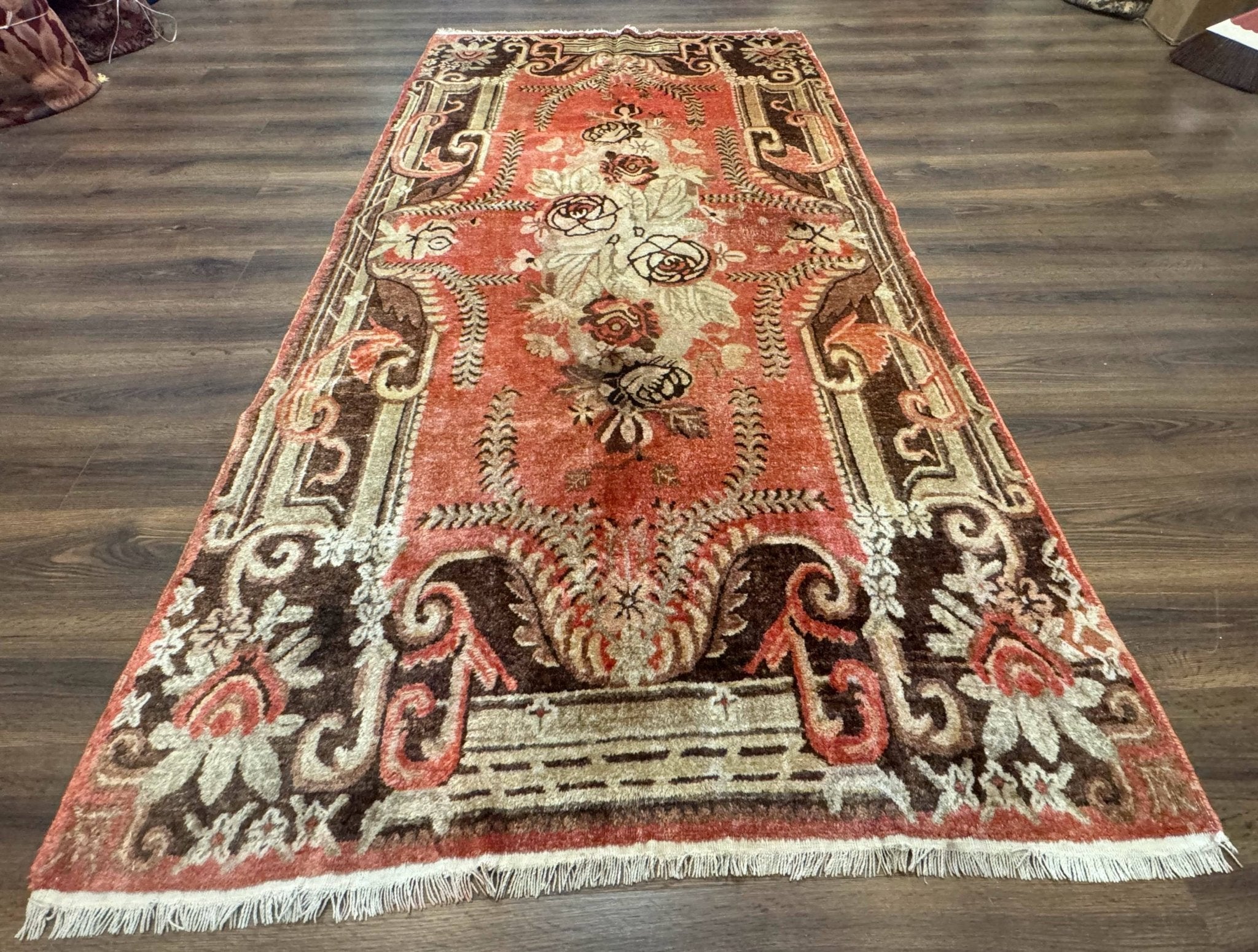 Khotan Rug 5x9, Terracotta and Brown, Floral, Chinese Wool Carpet, Antique Rug - Jewel RugsShopify CollectiveHUNTEDFOX - Khotan Rug 5x9, Terracotta and Brown, Floral, Chinese Wool Carpet, Antique Rug