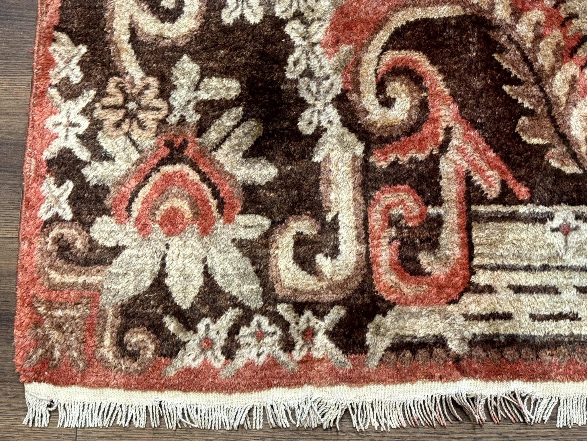 Khotan Rug 5x9, Terracotta and Brown, Floral, Chinese Wool Carpet, Antique Rug - Jewel RugsShopify CollectiveHUNTEDFOX - Khotan Rug 5x9, Terracotta and Brown, Floral, Chinese Wool Carpet, Antique Rug