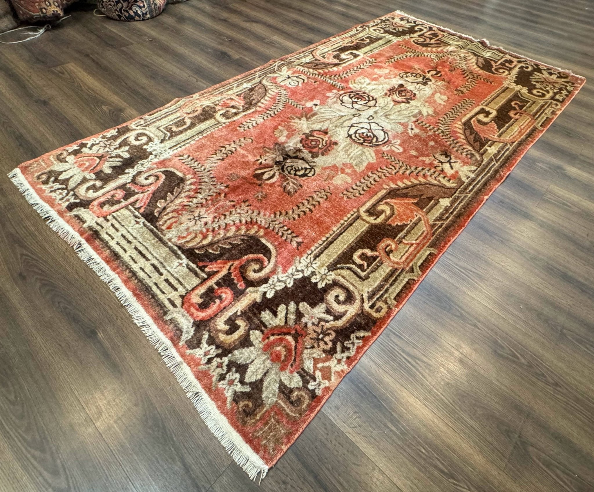 Khotan Rug 5x9, Terracotta and Brown, Floral, Chinese Wool Carpet, Antique Rug - Jewel RugsShopify CollectiveHUNTEDFOX - Khotan Rug 5x9, Terracotta and Brown, Floral, Chinese Wool Carpet, Antique Rug