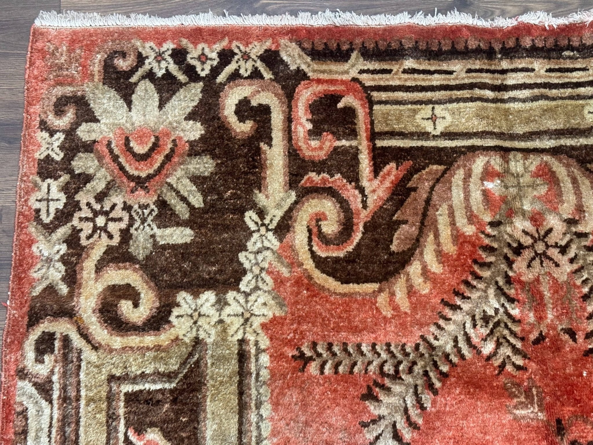 Khotan Rug 5x9, Terracotta and Brown, Floral, Chinese Wool Carpet, Antique Rug - Jewel RugsShopify CollectiveHUNTEDFOX - Khotan Rug 5x9, Terracotta and Brown, Floral, Chinese Wool Carpet, Antique Rug