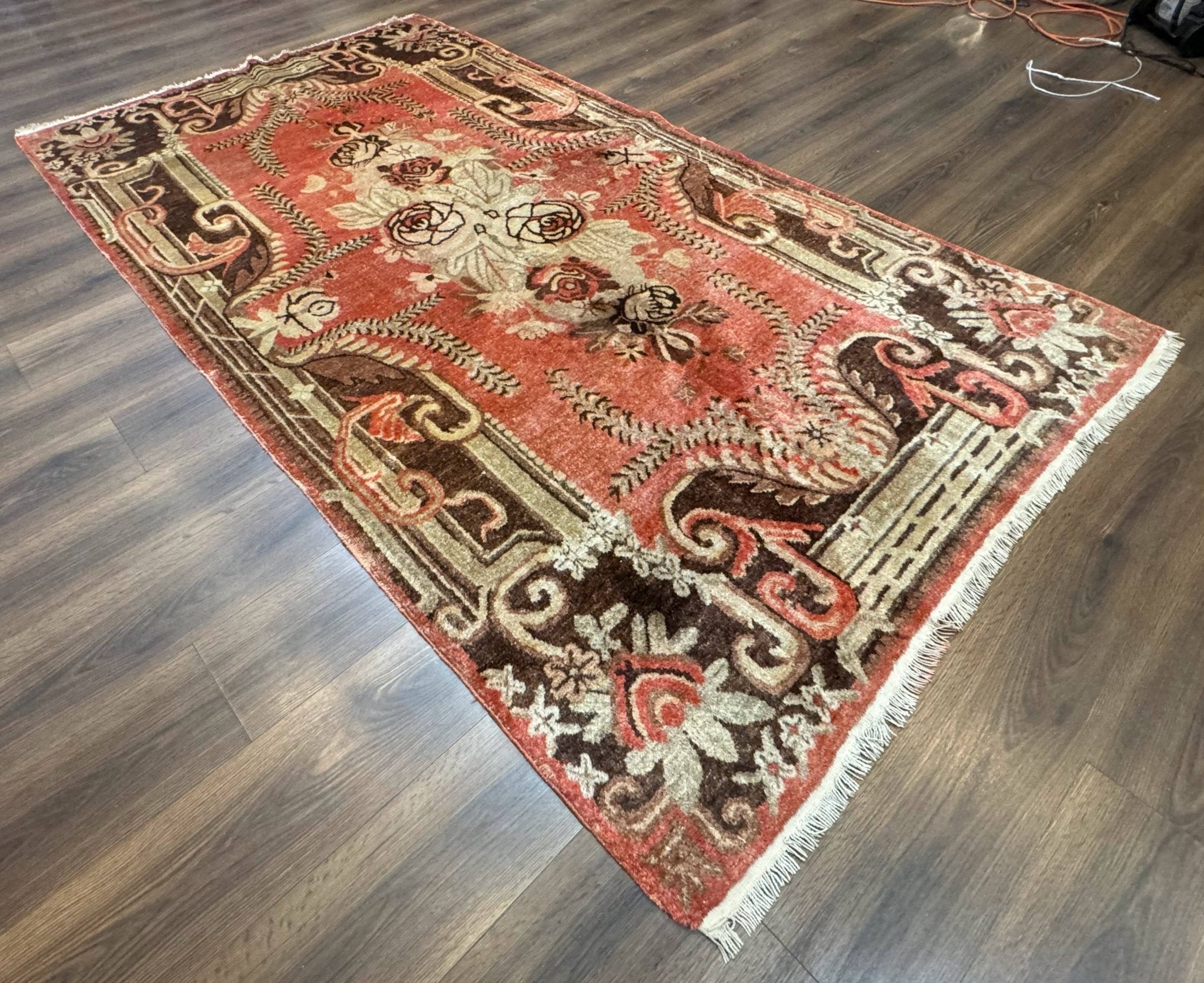 Khotan Rug 5x9, Terracotta and Brown, Floral, Chinese Wool Carpet, Antique Rug - Jewel RugsShopify CollectiveHUNTEDFOX - Khotan Rug 5x9, Terracotta and Brown, Floral, Chinese Wool Carpet, Antique Rug