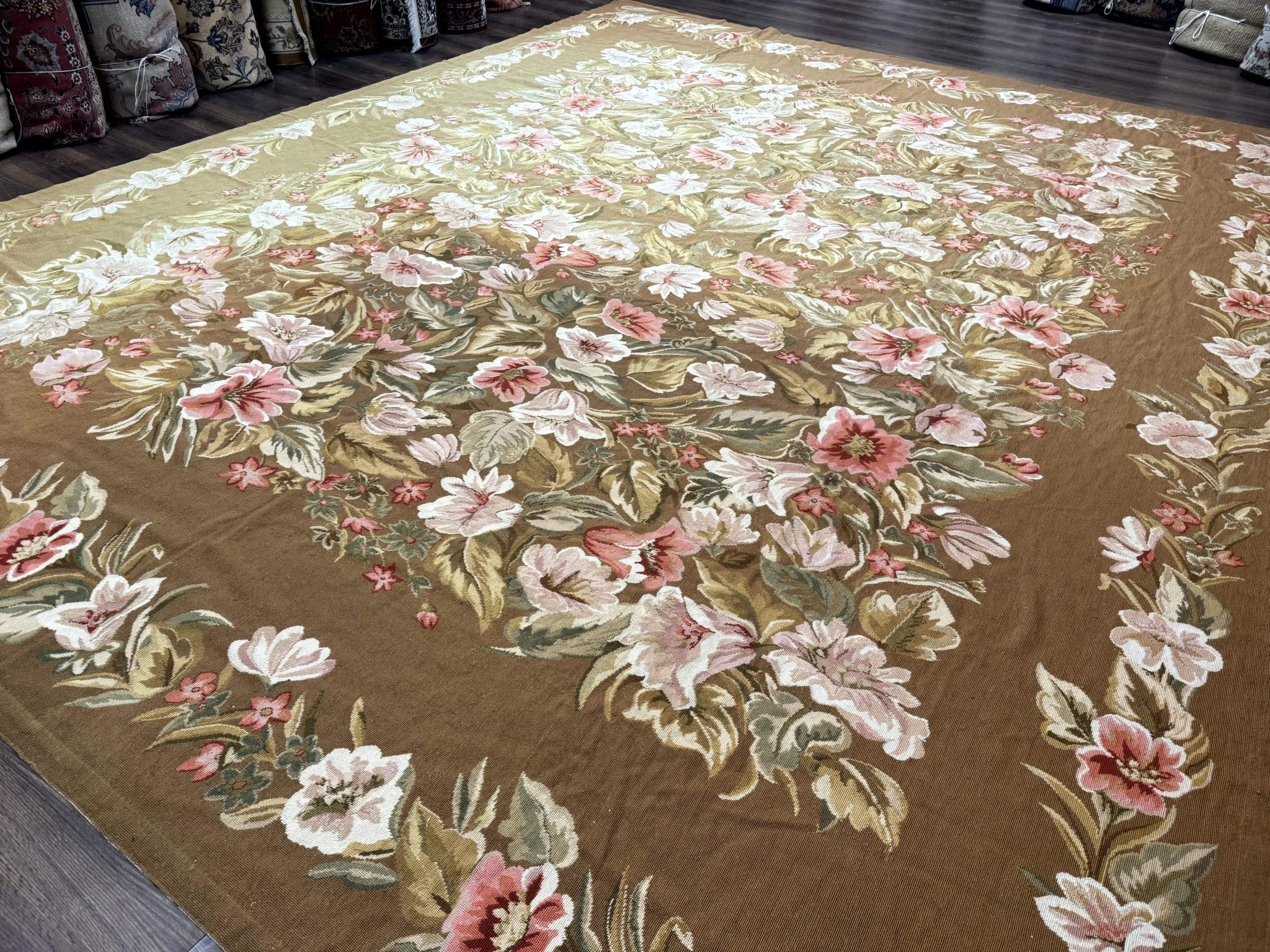 Large Needlepoint Rug 11x14, Vintage Floral Wool Carpet, Caramel - Jewel RugsShopify CollectiveHUNTEDFOX - Large Needlepoint Rug 11x14, Vintage Floral Wool Carpet, Caramel