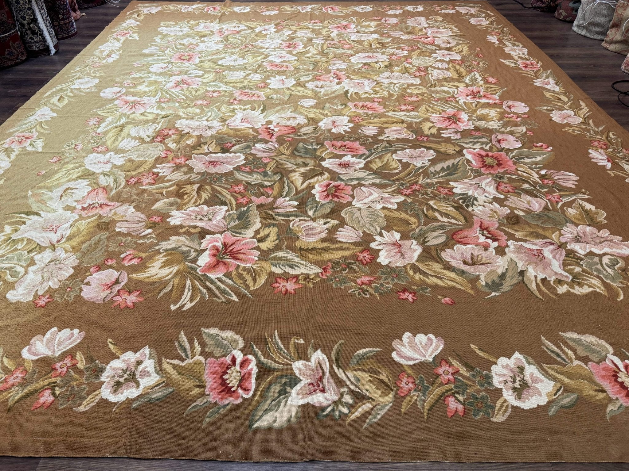 Large Needlepoint Rug 11x14, Vintage Floral Wool Carpet, Caramel - Jewel RugsShopify CollectiveHUNTEDFOX - Large Needlepoint Rug 11x14, Vintage Floral Wool Carpet, Caramel