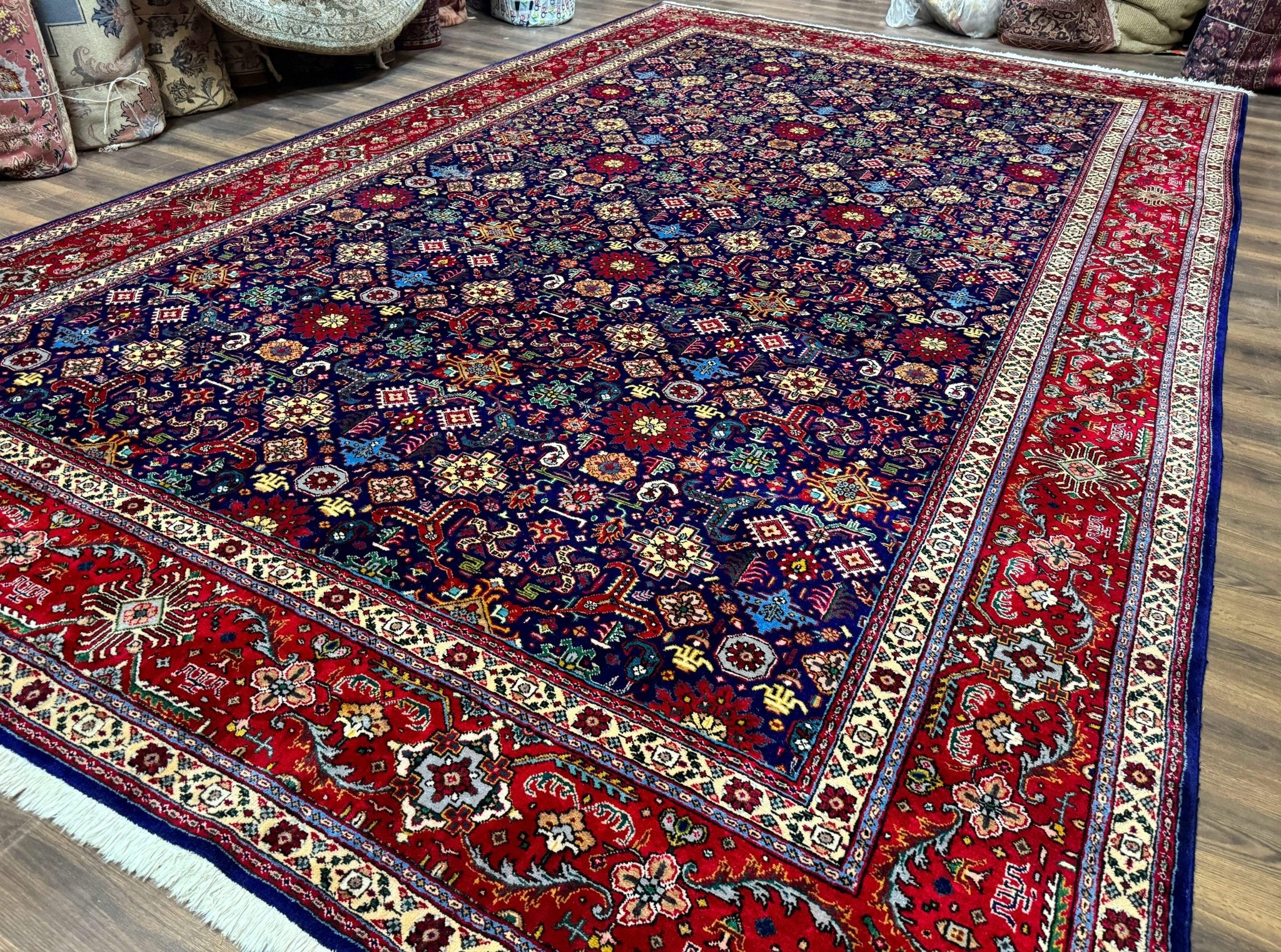 Large Persian Tabriz Rug 10x16, Navy Blue and Red, Allover Pattern, Vintage Hand Knotted Wool Carpet - Jewel RugsShopify CollectiveHUNTEDFOX - Large Persian Tabriz Rug 10x16, Navy Blue and Red, Allover Pattern, Vintage Hand Knotted Wool Carpet