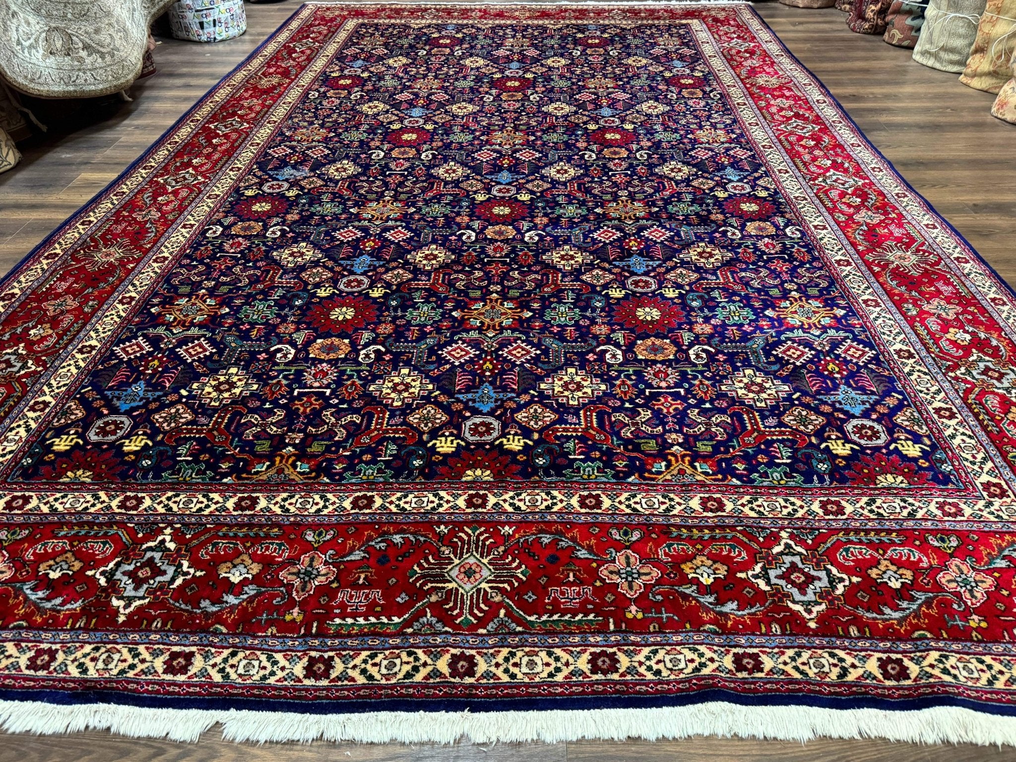 Large Persian Tabriz Rug 10x16, Navy Blue and Red, Allover Pattern, Vintage Hand Knotted Wool Carpet - Jewel RugsShopify CollectiveHUNTEDFOX - Large Persian Tabriz Rug 10x16, Navy Blue and Red, Allover Pattern, Vintage Hand Knotted Wool Carpet