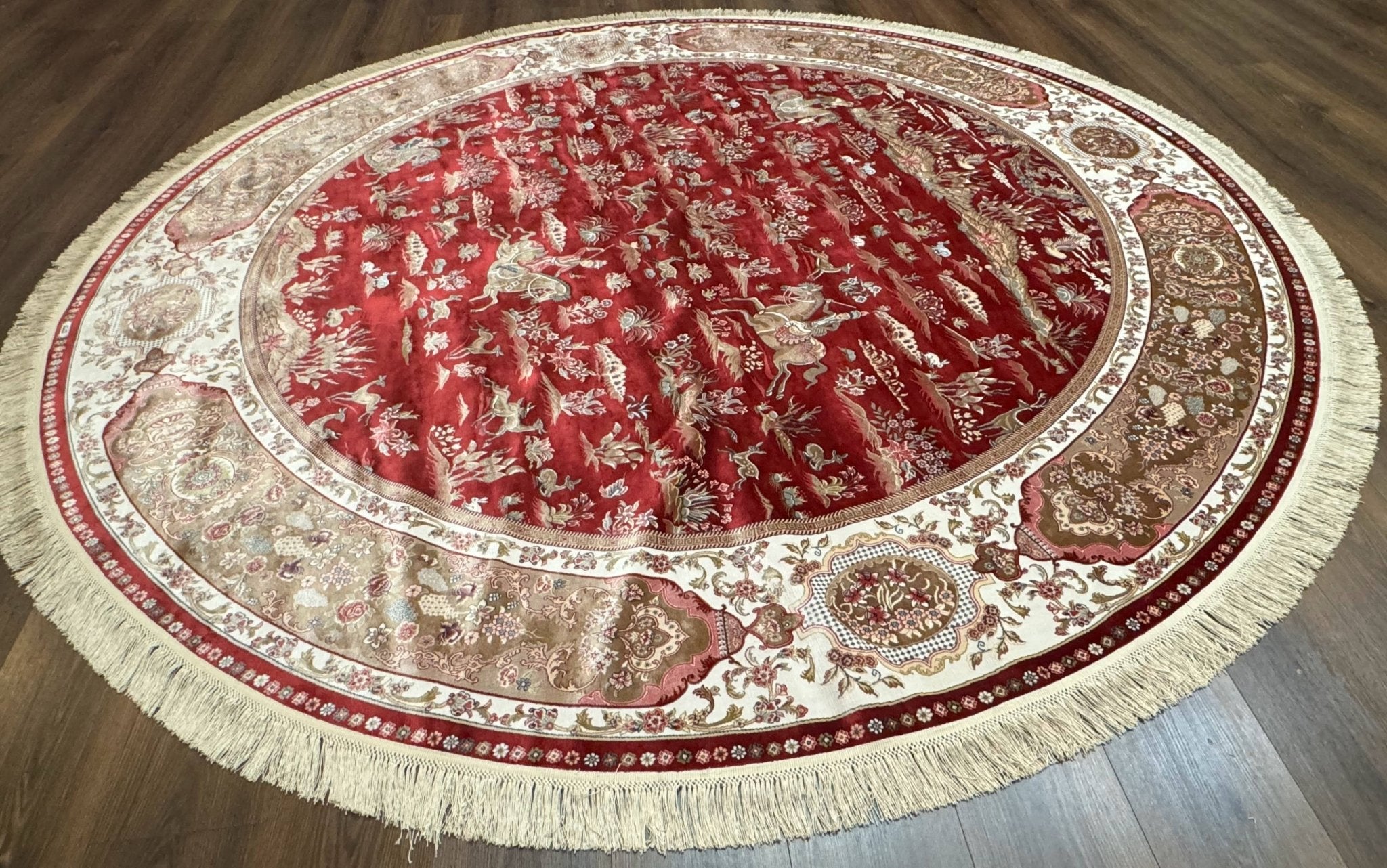 Large Round Turkish Silk Rug 8x8, Hunting Design, Dark Red & Ivory, Bamboo Silk - Jewel RugsShopify CollectiveHUNTEDFOX - Large Round Turkish Silk Rug 8x8, Hunting Design, Dark Red & Ivory, Bamboo Silk