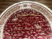 Large Round Turkish Silk Rug 8x8, Hunting Design, Dark Red & Ivory, Bamboo Silk - Jewel RugsShopify CollectiveHUNTEDFOX - Large Round Turkish Silk Rug 8x8, Hunting Design, Dark Red & Ivory, Bamboo Silk