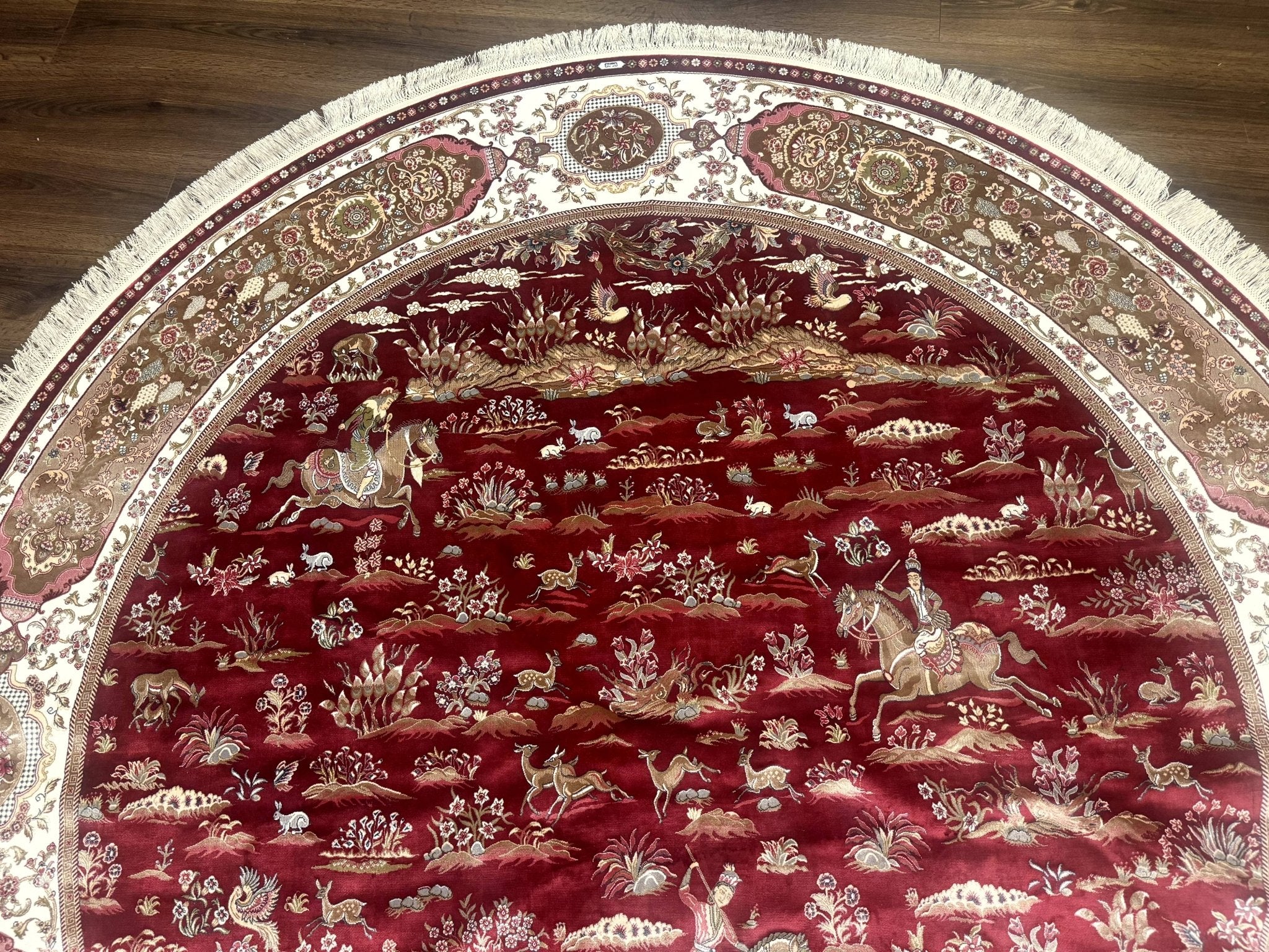 Large Round Turkish Silk Rug 8x8, Hunting Design, Dark Red & Ivory, Bamboo Silk - Jewel RugsShopify CollectiveHUNTEDFOX - Large Round Turkish Silk Rug 8x8, Hunting Design, Dark Red & Ivory, Bamboo Silk