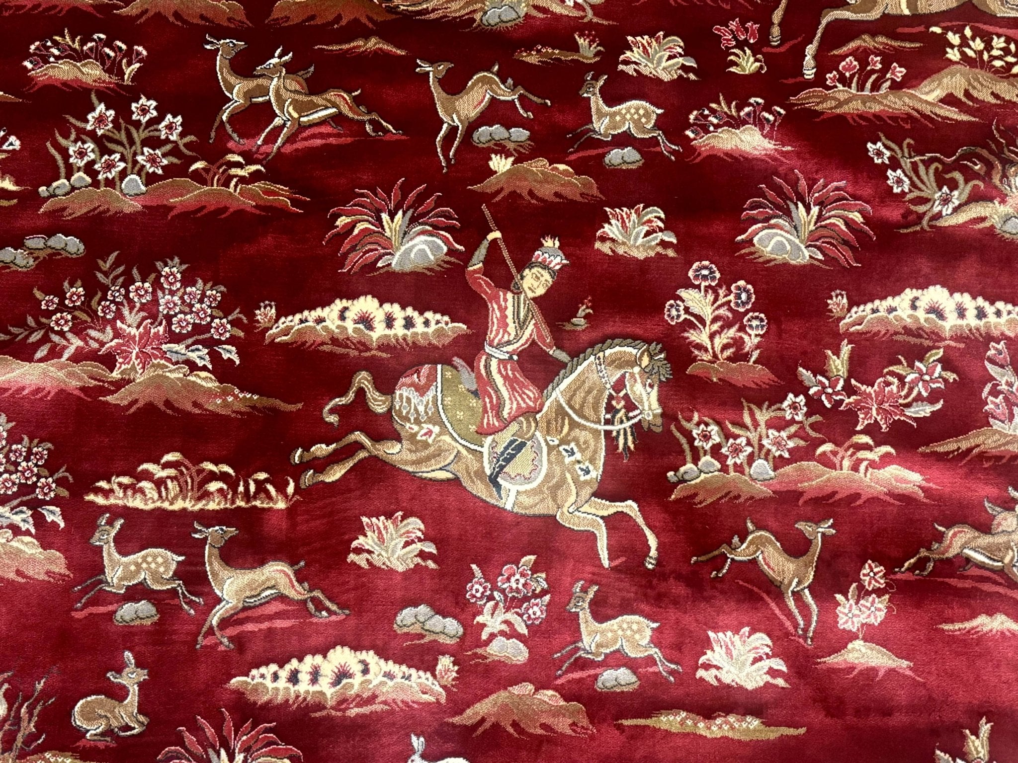 Large Round Turkish Silk Rug 8x8, Hunting Design, Dark Red & Ivory, Bamboo Silk - Jewel RugsShopify CollectiveHUNTEDFOX - Large Round Turkish Silk Rug 8x8, Hunting Design, Dark Red & Ivory, Bamboo Silk