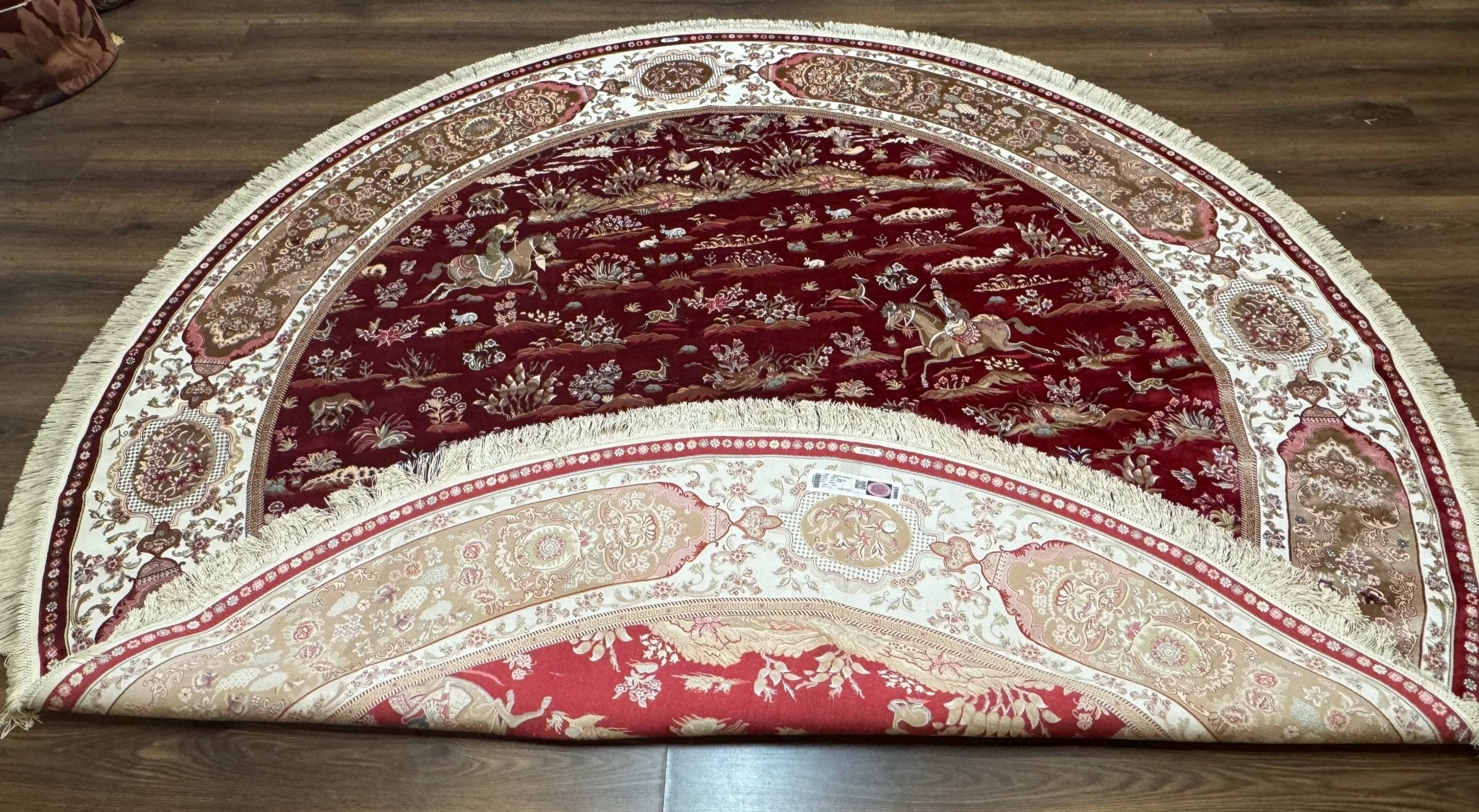 Large Round Turkish Silk Rug 8x8, Hunting Design, Dark Red & Ivory, Bamboo Silk - Jewel RugsShopify CollectiveHUNTEDFOX - Large Round Turkish Silk Rug 8x8, Hunting Design, Dark Red & Ivory, Bamboo Silk