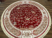 Large Round Turkish Silk Rug 8x8, Hunting Design, Dark Red & Ivory, Bamboo Silk - Jewel RugsShopify CollectiveHUNTEDFOX - Large Round Turkish Silk Rug 8x8, Hunting Design, Dark Red & Ivory, Bamboo Silk