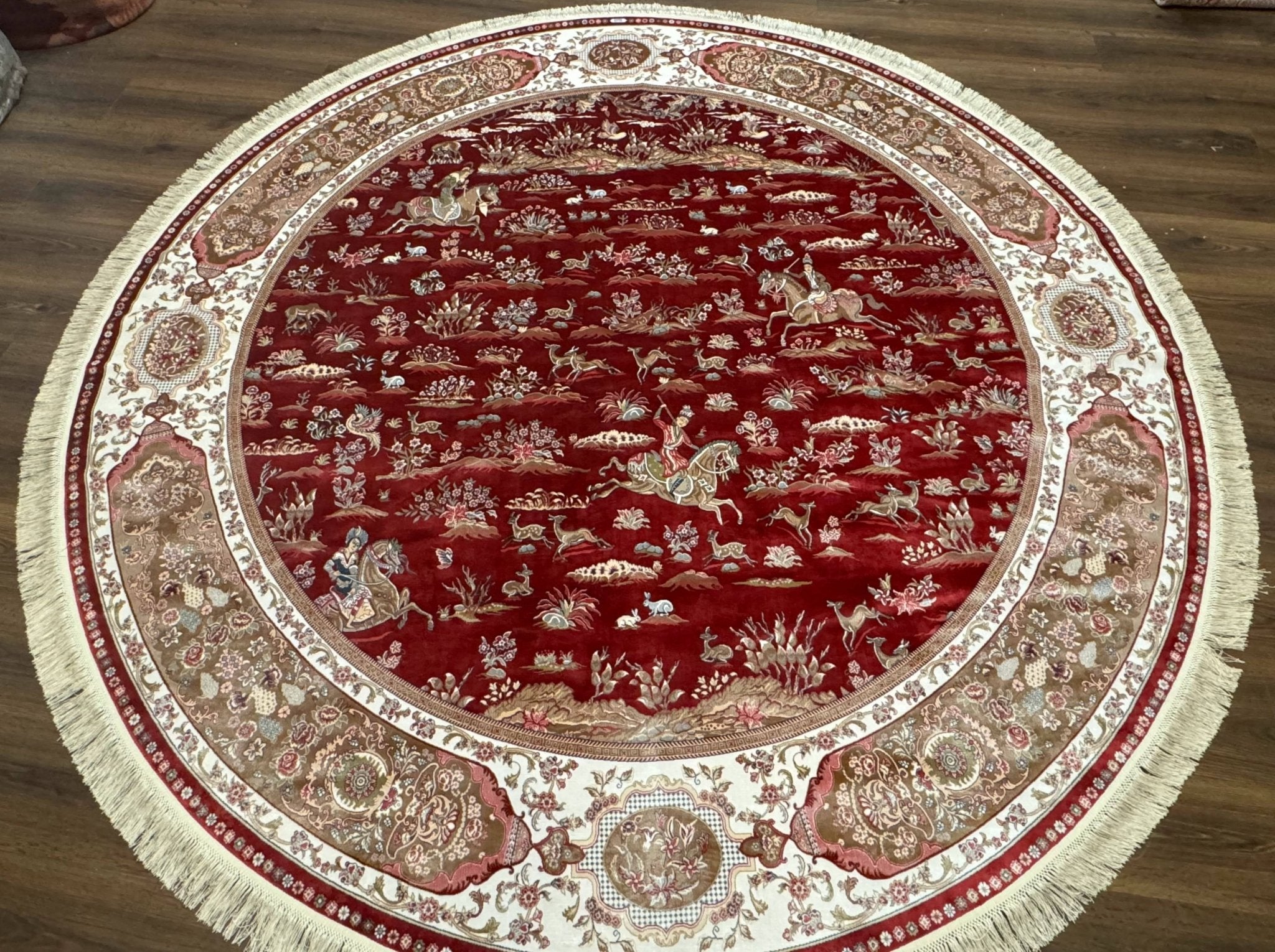 Large Round Turkish Silk Rug 8x8, Hunting Design, Dark Red & Ivory, Bamboo Silk - Jewel RugsShopify CollectiveHUNTEDFOX - Large Round Turkish Silk Rug 8x8, Hunting Design, Dark Red & Ivory, Bamboo Silk