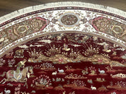 Large Round Turkish Silk Rug 8x8, Hunting Design, Dark Red & Ivory, Bamboo Silk - Jewel RugsShopify CollectiveHUNTEDFOX - Large Round Turkish Silk Rug 8x8, Hunting Design, Dark Red & Ivory, Bamboo Silk
