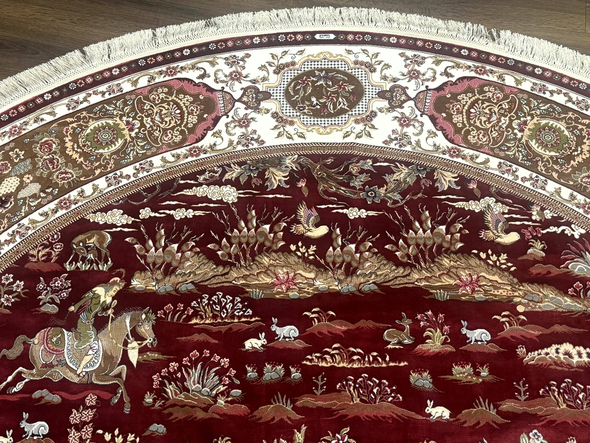 Large Round Turkish Silk Rug 8x8, Hunting Design, Dark Red & Ivory, Bamboo Silk - Jewel RugsShopify CollectiveHUNTEDFOX - Large Round Turkish Silk Rug 8x8, Hunting Design, Dark Red & Ivory, Bamboo Silk