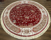 Large Round Turkish Silk Rug 8x8, Hunting Design, Dark Red & Ivory, Bamboo Silk - Jewel RugsShopify CollectiveHUNTEDFOX - Large Round Turkish Silk Rug 8x8, Hunting Design, Dark Red & Ivory, Bamboo Silk