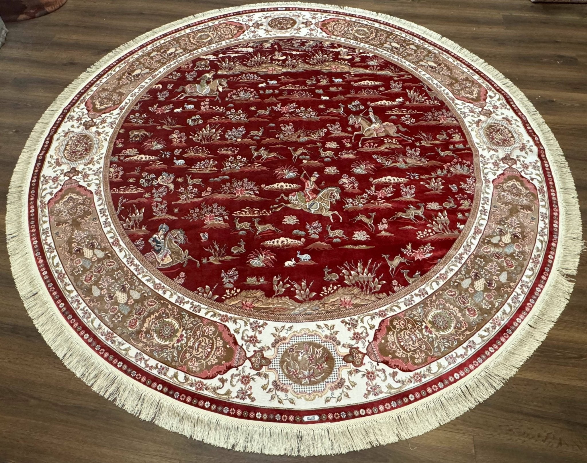 Large Round Turkish Silk Rug 8x8, Hunting Design, Dark Red & Ivory, Bamboo Silk - Jewel RugsShopify CollectiveHUNTEDFOX - Large Round Turkish Silk Rug 8x8, Hunting Design, Dark Red & Ivory, Bamboo Silk